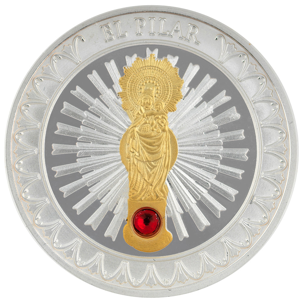 Virgin of Pilar: Commemorative Medal with Silver Plating and Gold Application with Swarovski Crystal