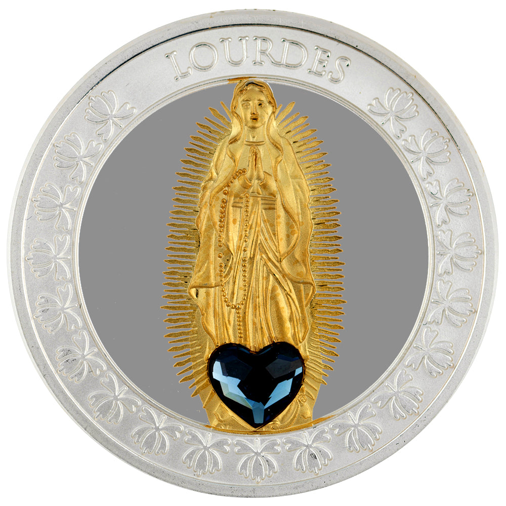 Virgin of Lourdes: Commemorative Medal with Silver Plating and Gold Application with Swarovski Crystal
