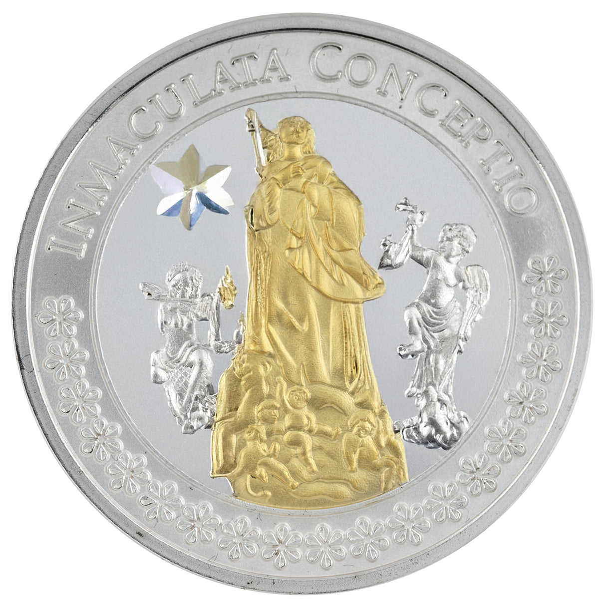 Virgin of the Immaculate Conception: Commemorative Medal with Silver Plating and Gold Application with Swarovski Crystal