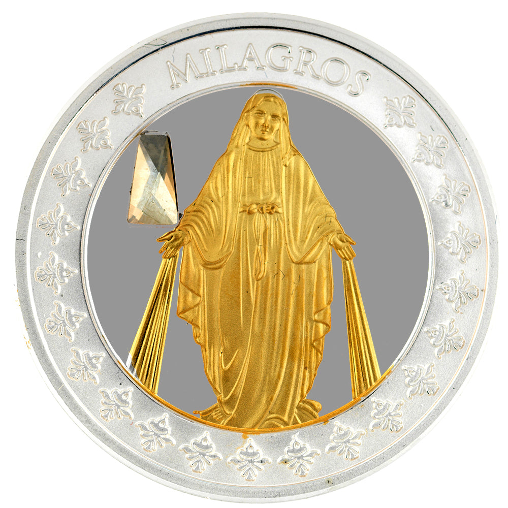 Virgin of Miracles: Commemorative Medal with Silver Plating and Gold Application with Swarovski Crystal