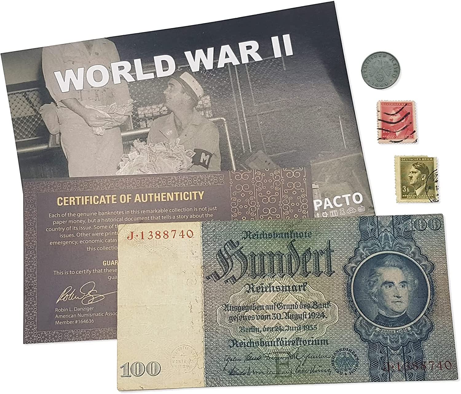 Billete, moneda y 2 sellos auténticos del Tercer Reich (1935-1942) | Certificados