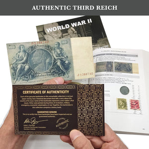 WWII German Third Reich Collection - 100 Reichsmark note + 10 Reichspfennig coin + 2 stamps from Bohemia. Certificate of Authenticity included
