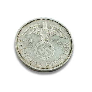 Authentic WW2 Memorabilia World Currency - One Nazi Coin of 2 German Marks Issued from 1936 to 1939 from The World War 2 - Third Reich