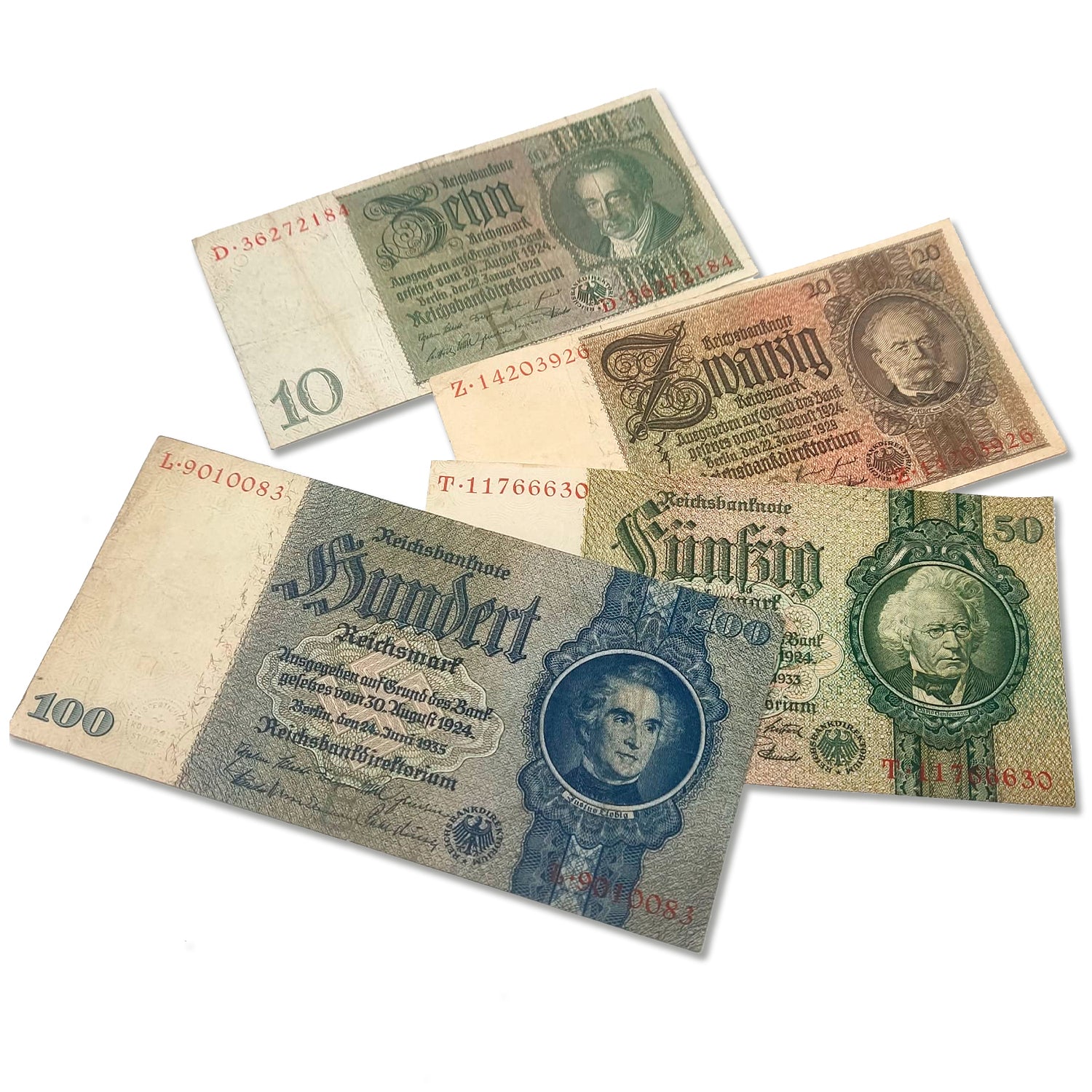 4 authentic Third Reich banknotes - Reichsmark (1929, 1933, 1935) | Certified