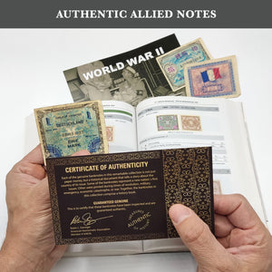 Allied Military Currency. Second World War - 3 banknotes from Germany, France and Japan, Allied Occupied Countries. Certificate of Authenticity Included