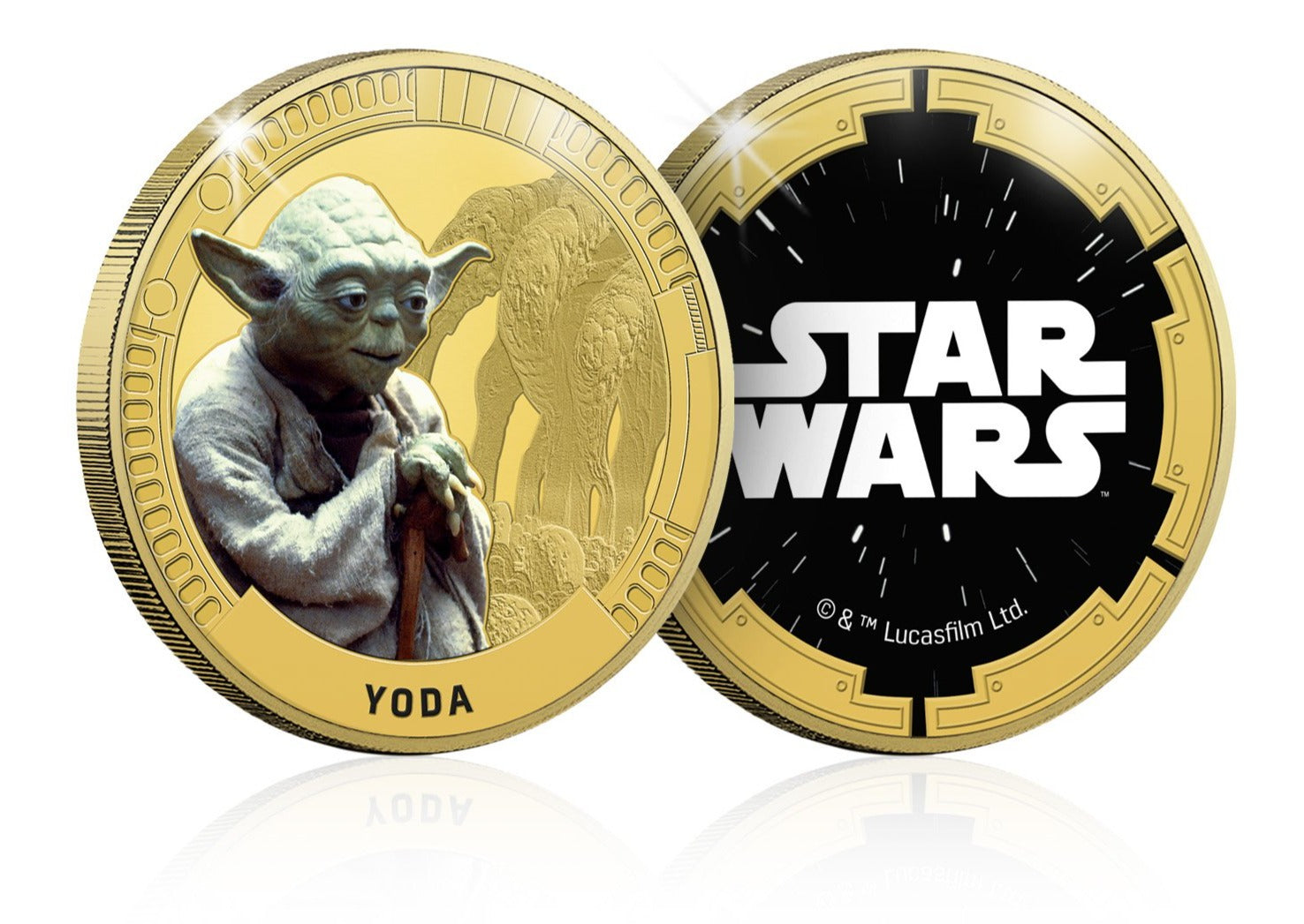Star Wars Trilogía Original Episodios IV - VI - Yoda - Moneda / Medalla conmemorativa acuñada con baño en Oro 24 quilates y coloreada a 4 colores - 44mm