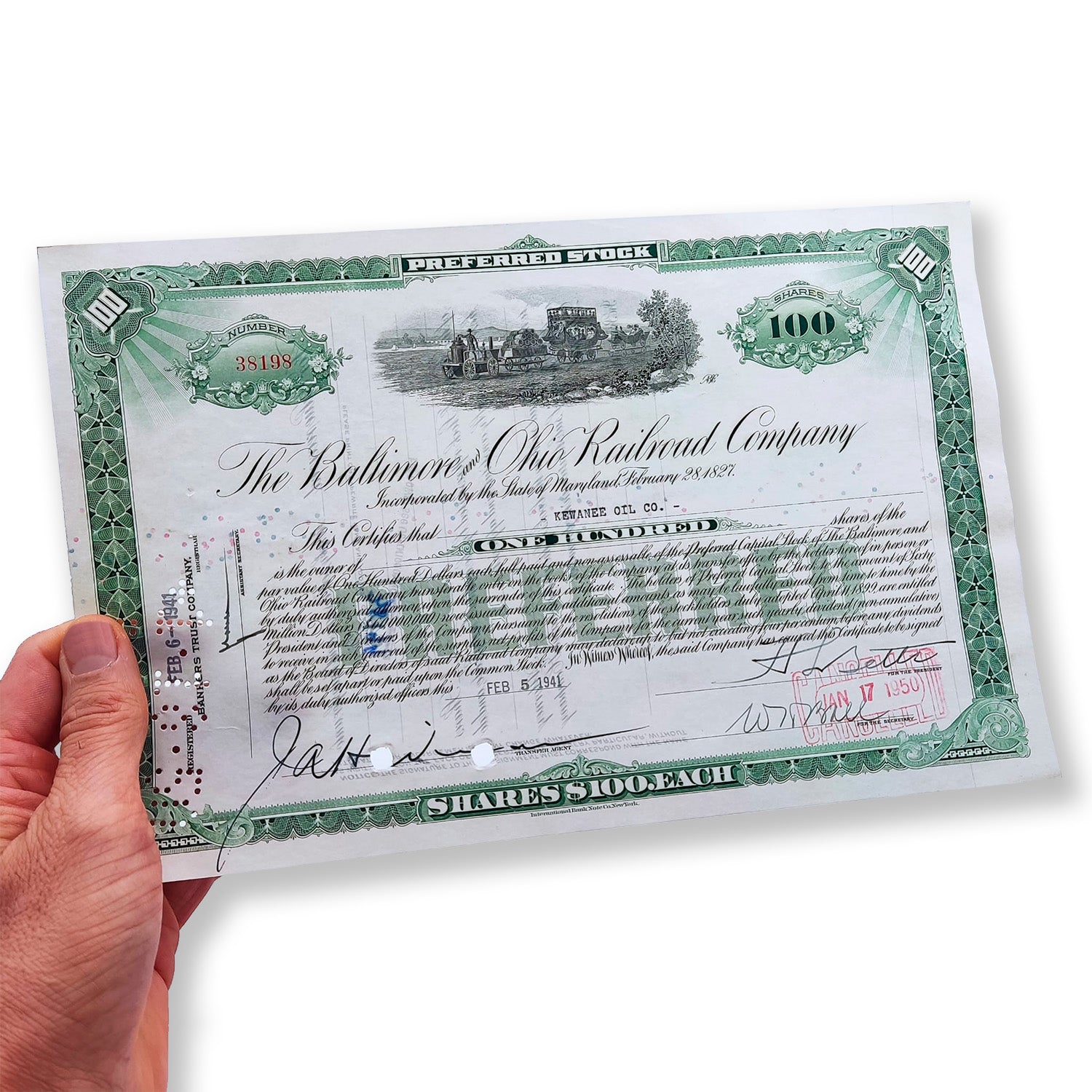 Certificados de acciones de la Baltimore and Ohio Railroad Company El primer ferrocarril de transporte público y el más antiguo de los Estados Unidos