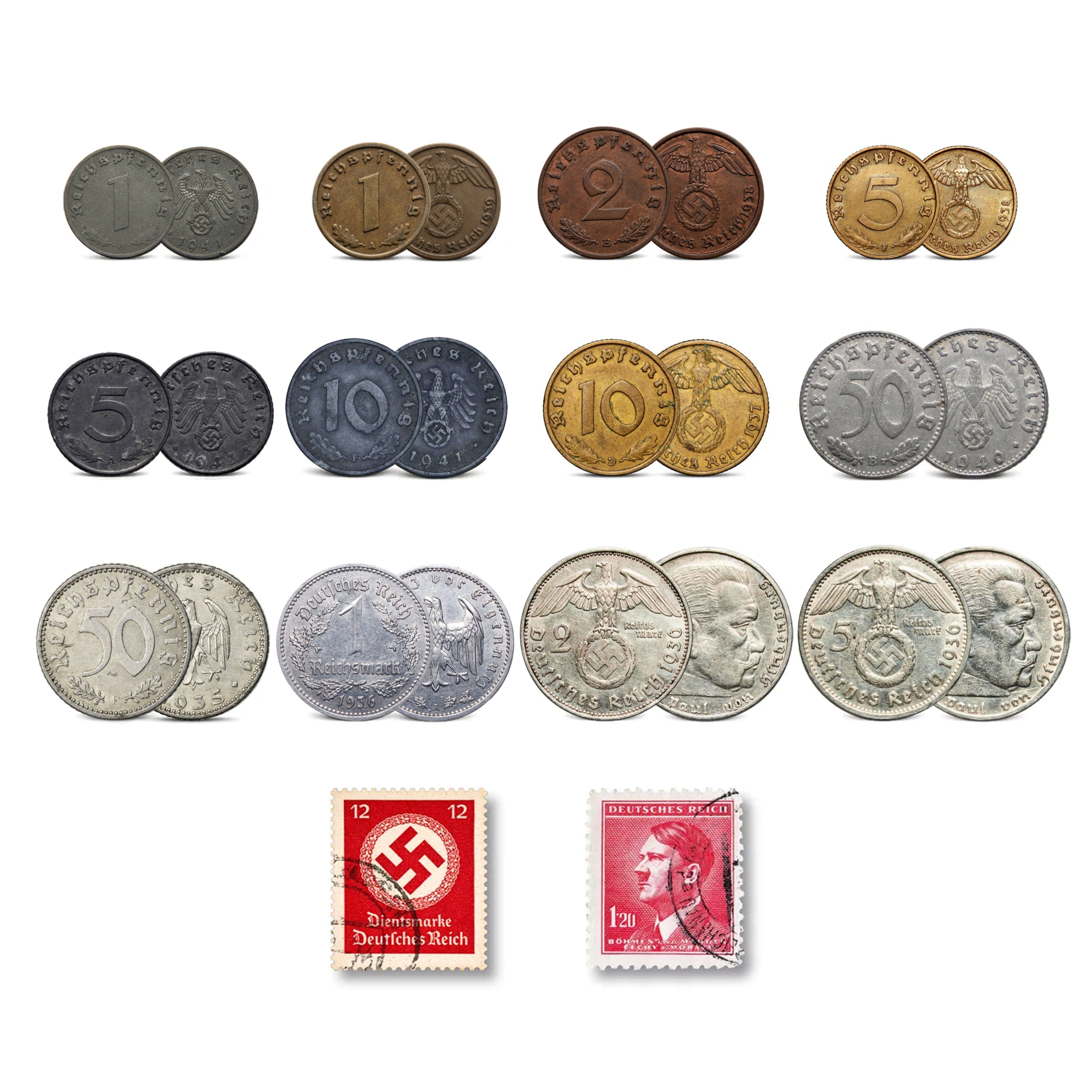 12 Münzen und 2 authentische Briefmarken aus dem Zweiten Weltkrieg – Das Dritte Reich | Zertifiziert