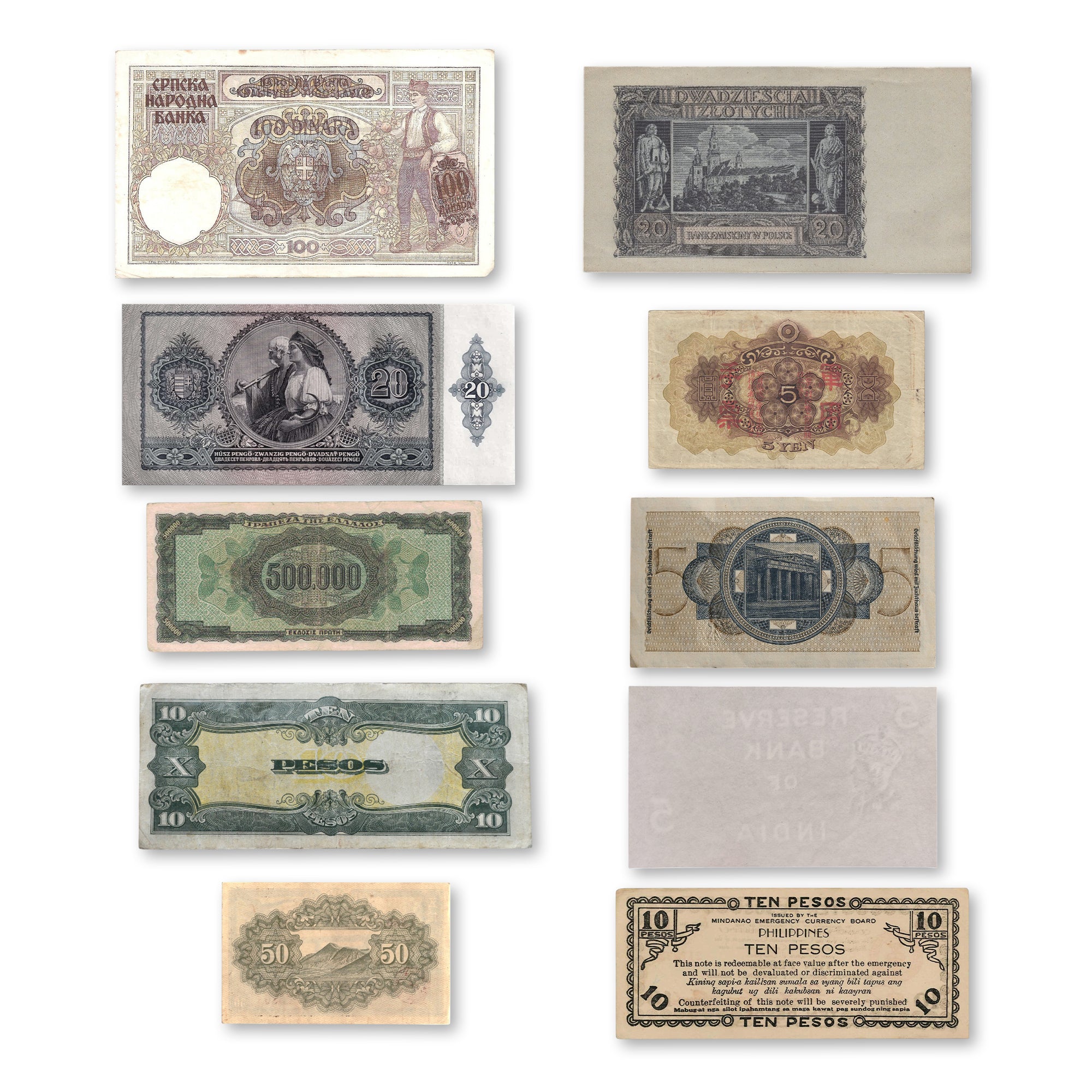 10 billetes auténticos de la Segunda Guerra Mundial - Aliados & Eje (1939-1945) | Certificados