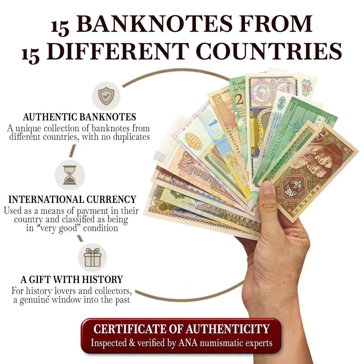 15 authentic banknotes from 15 different countries | Certified