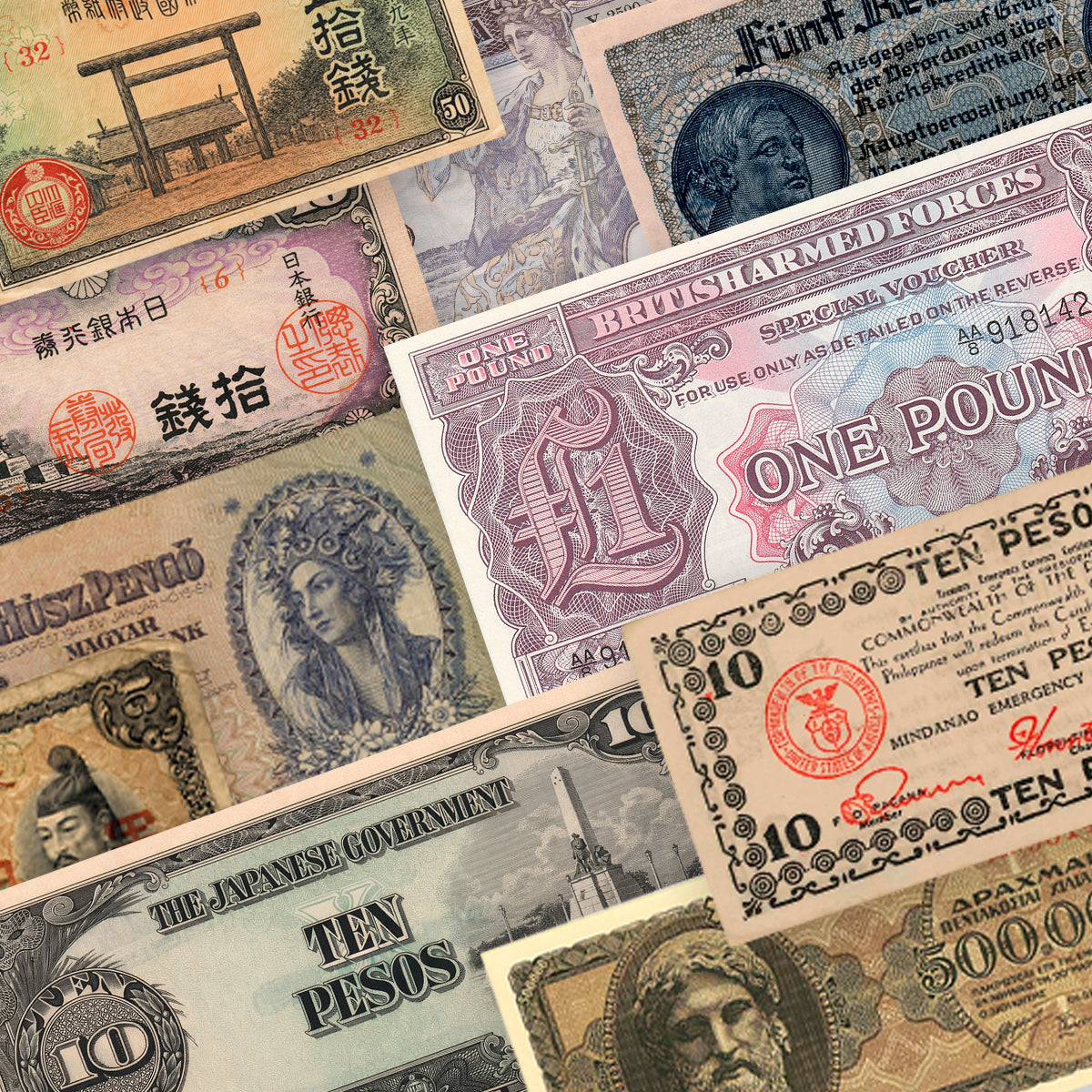 10 billetes auténticos de la Segunda Guerra Mundial - Aliados & Eje (1939-1945) | Certificados