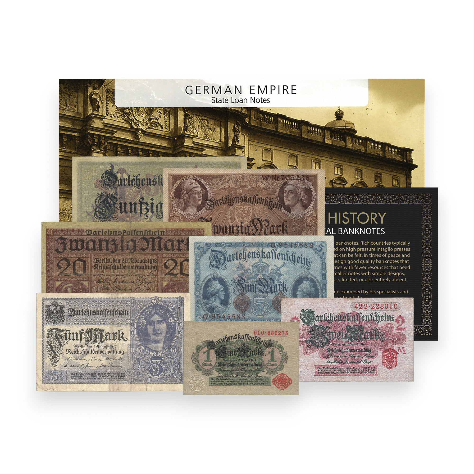 7 banconote autentiche dell'Impero tedesco 1014-1018 - Prima guerra mondiale | Certificati