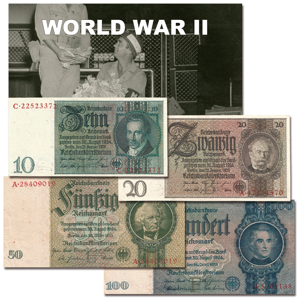 4 billetes auténticos del Tercer Reich - El Dinero del Reich (1929, 1933, 1935) | Certificados