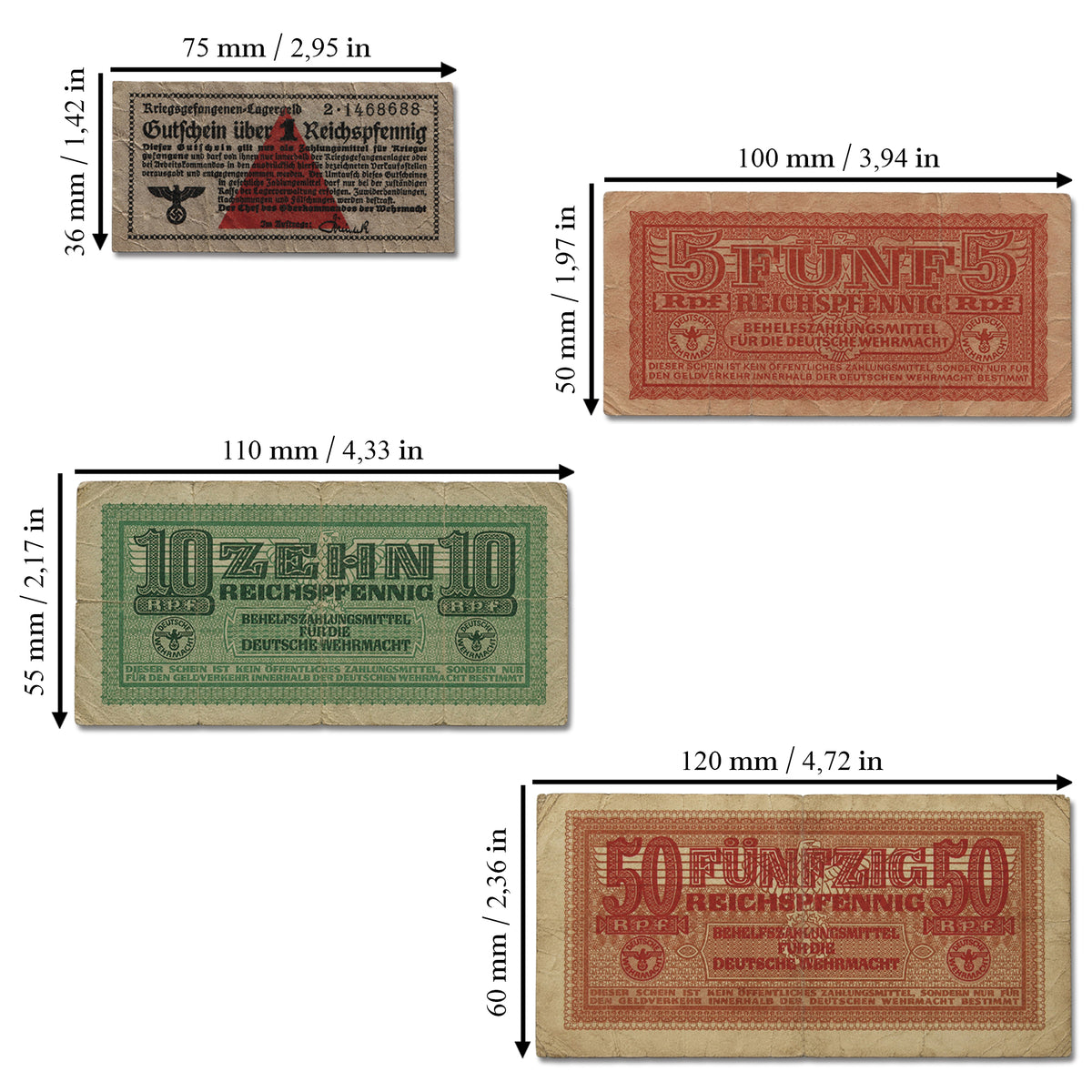 4 Billetes militares auténticos de la Wehrmacht (1939-1944) - Tercer Reich Segunda Guerra Mundial | Certificados