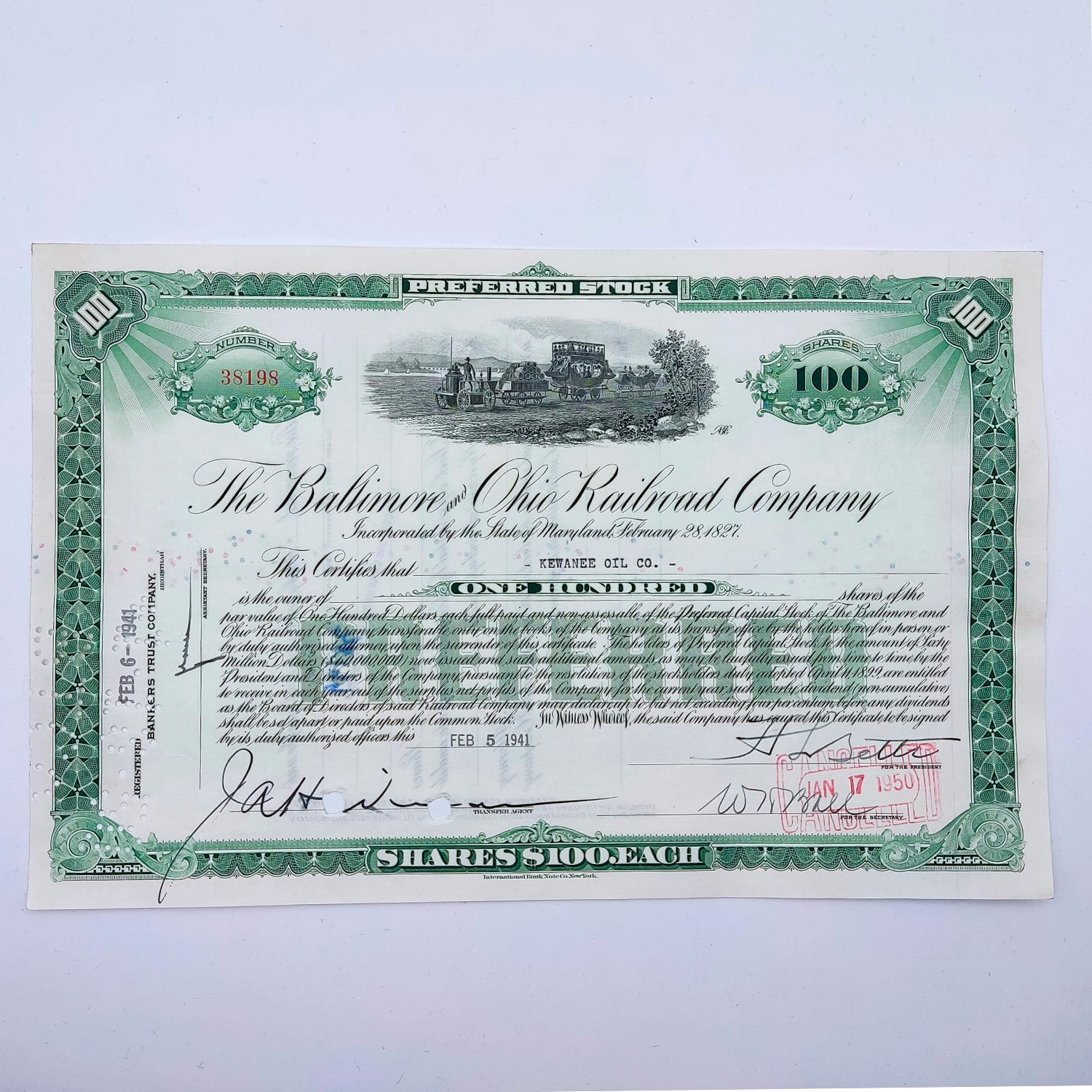 Certificados de acciones de la Baltimore and Ohio Railroad Company El primer ferrocarril de transporte público y el más antiguo de los Estados Unidos