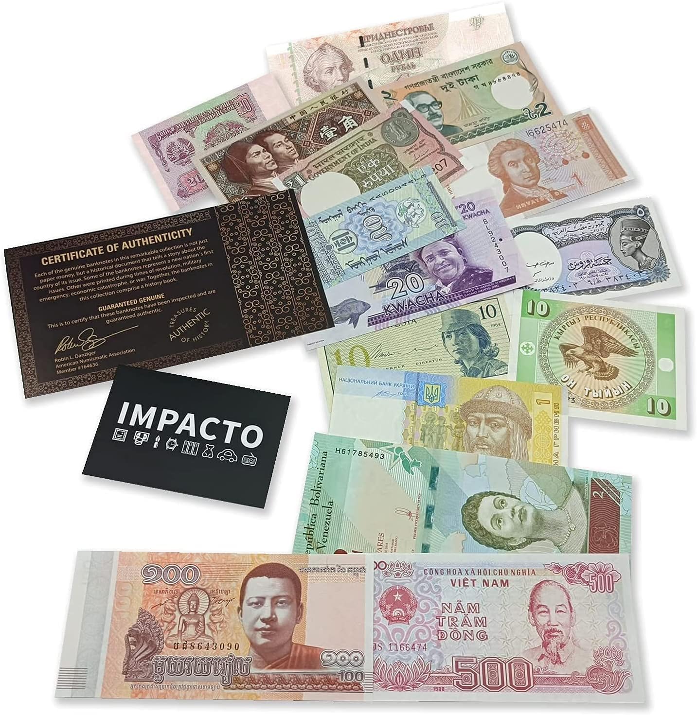 15 Uncirculated Banknotes from 15 Countries, No Duplications, with Certificate of Authenticity