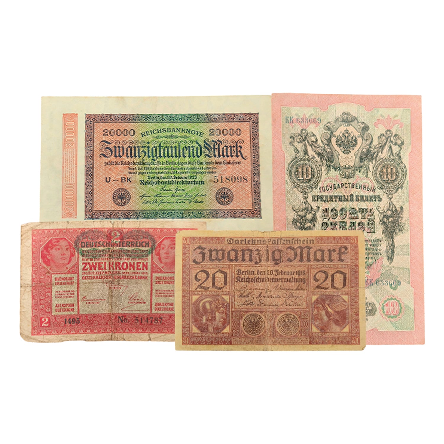 Prima guerra mondiale - Collezione completa di banconote, francobolli e monete originali 1914-1918