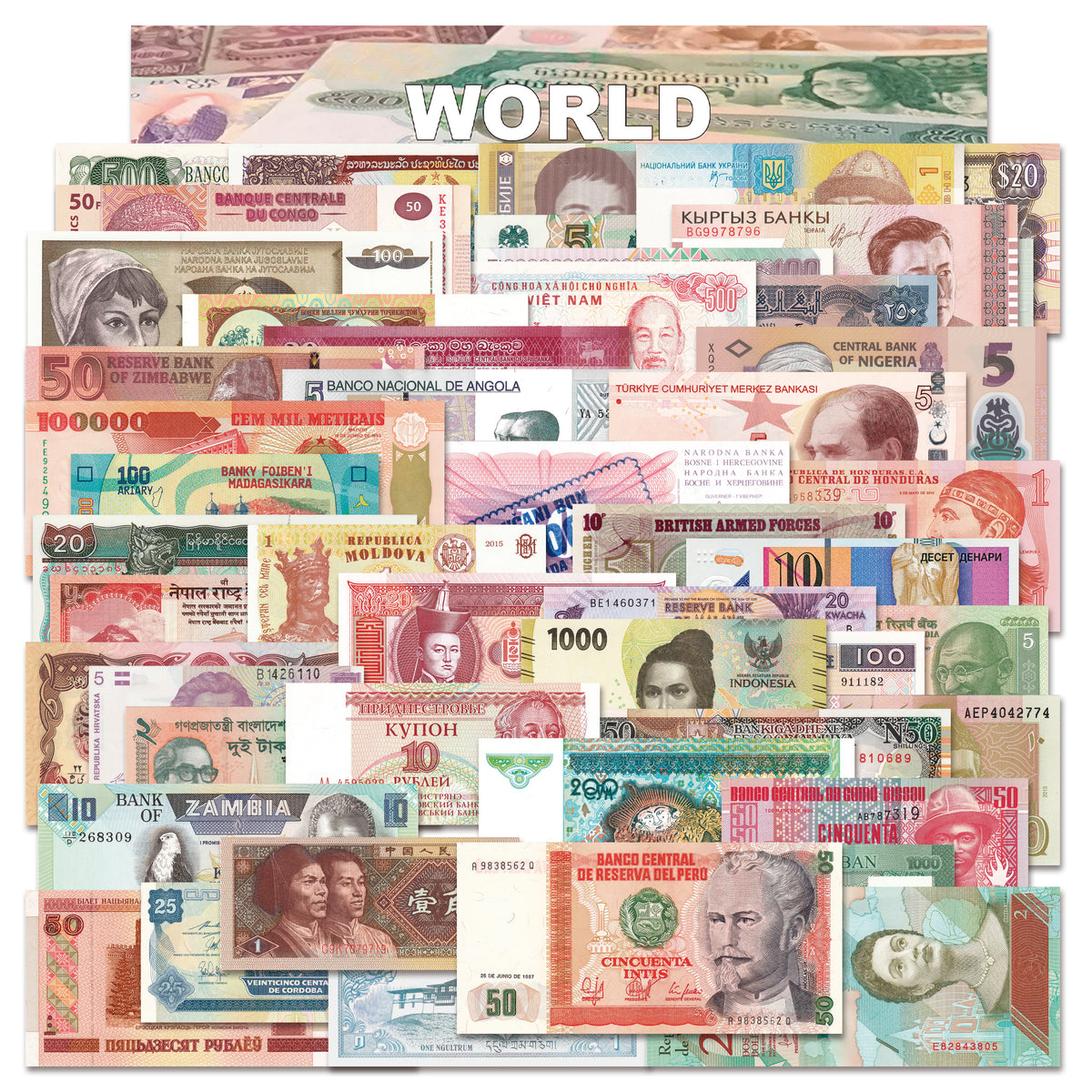 50 billetes auténticos de todo el mundo | Certificados