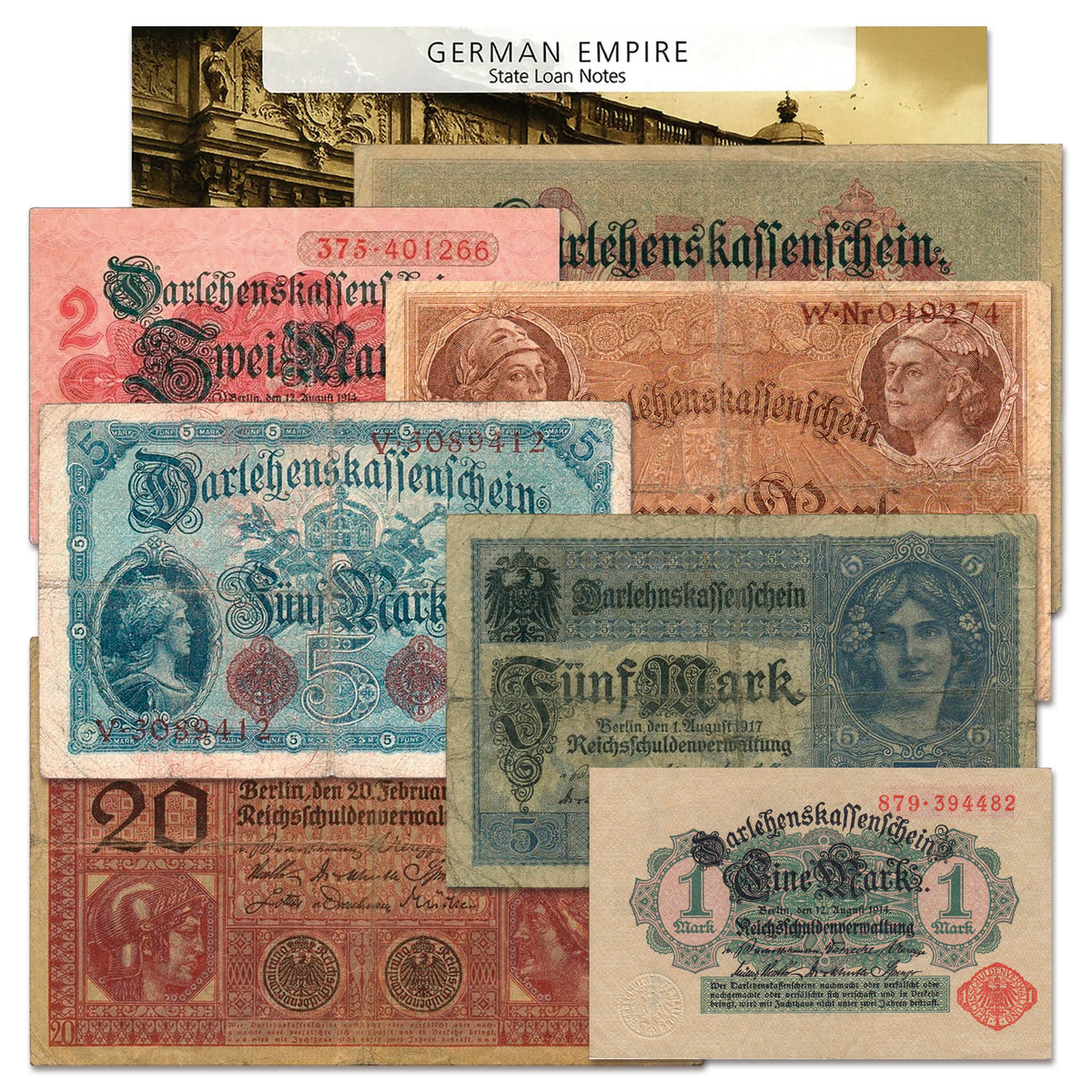 7 billetes auténticos del Imperio Alemán 1914-1918 - Primera Guerra Mundial | Certificados