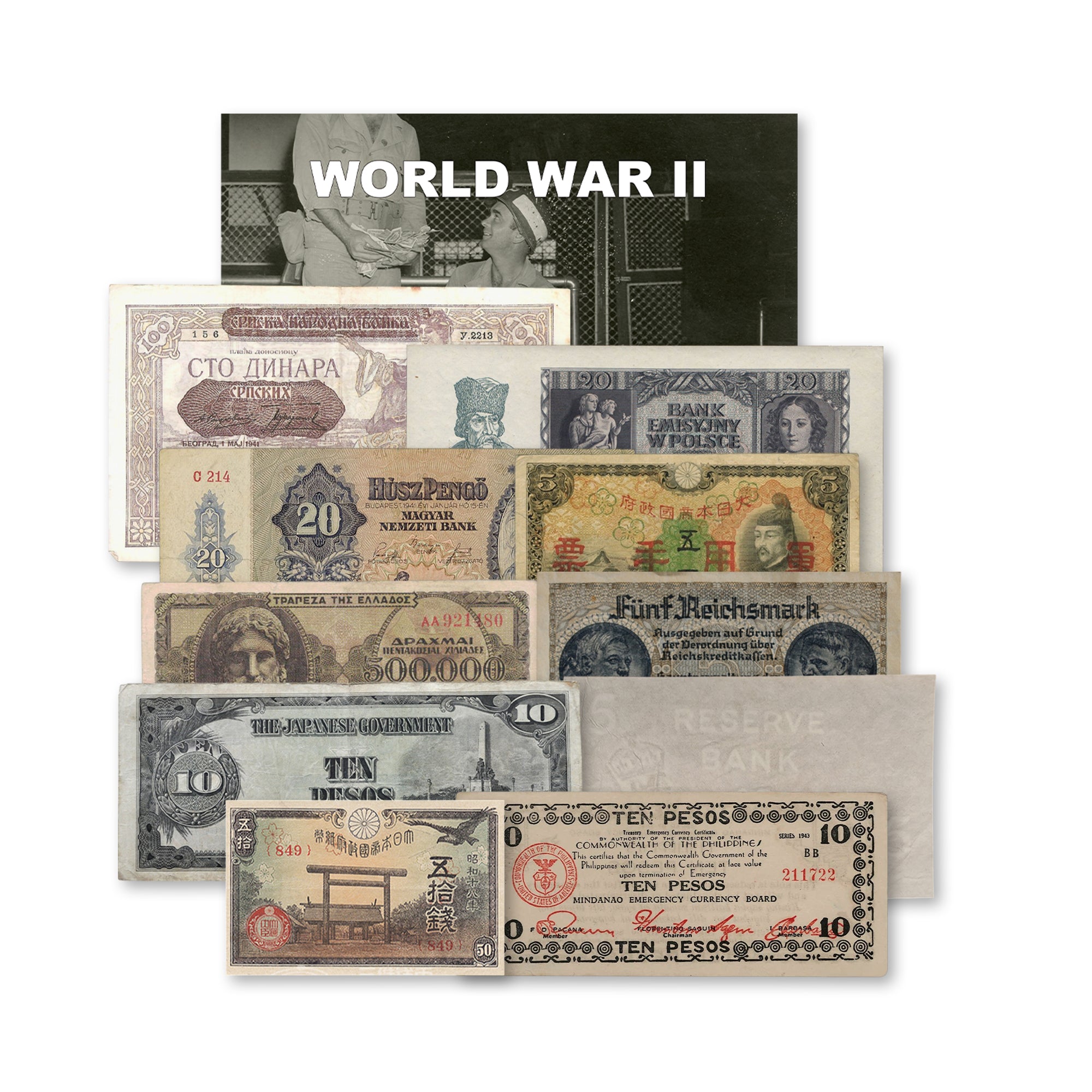 10 billetes auténticos de la Segunda Guerra Mundial - Aliados & Eje (1939-1945) | Certificados
