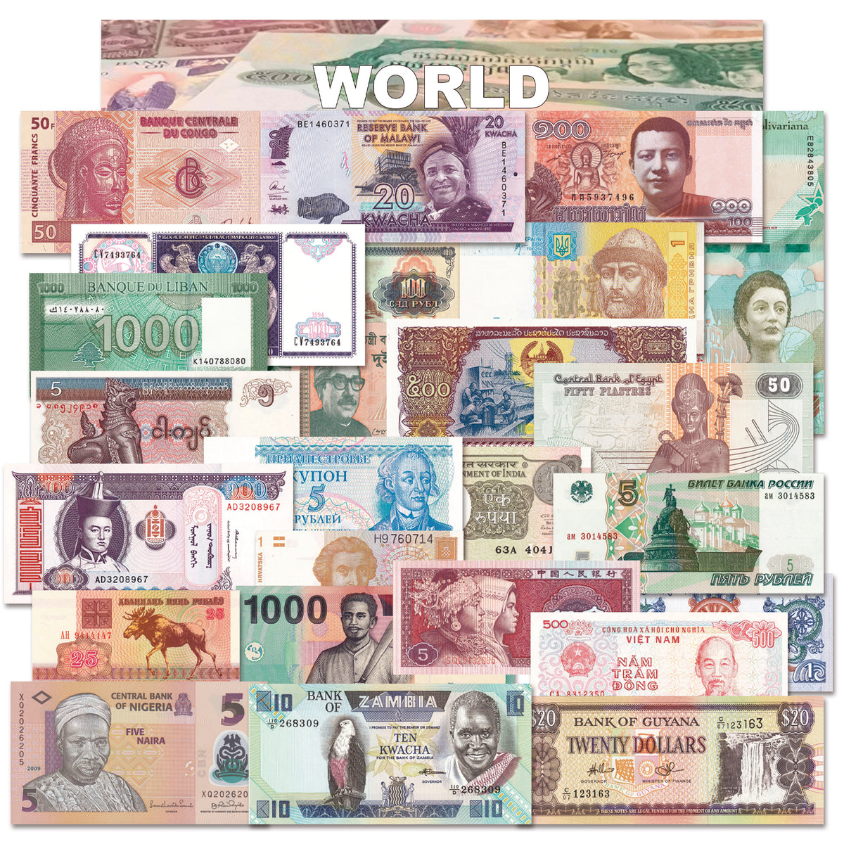 25 authentic banknotes from 25 countries | Certified