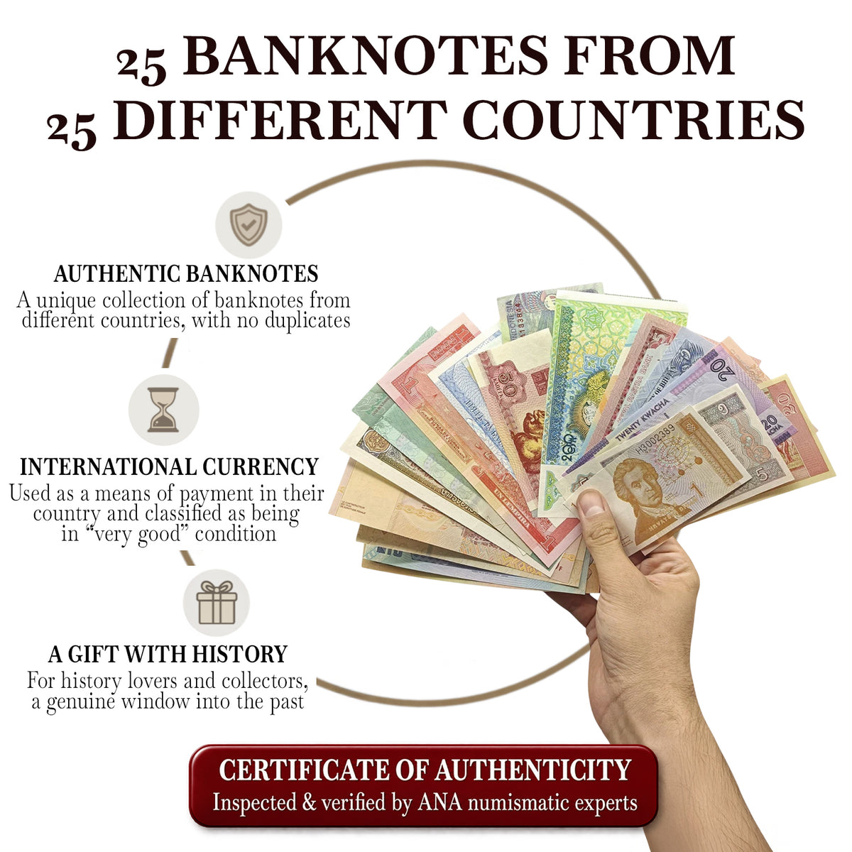25 authentic banknotes from 25 countries | Certified