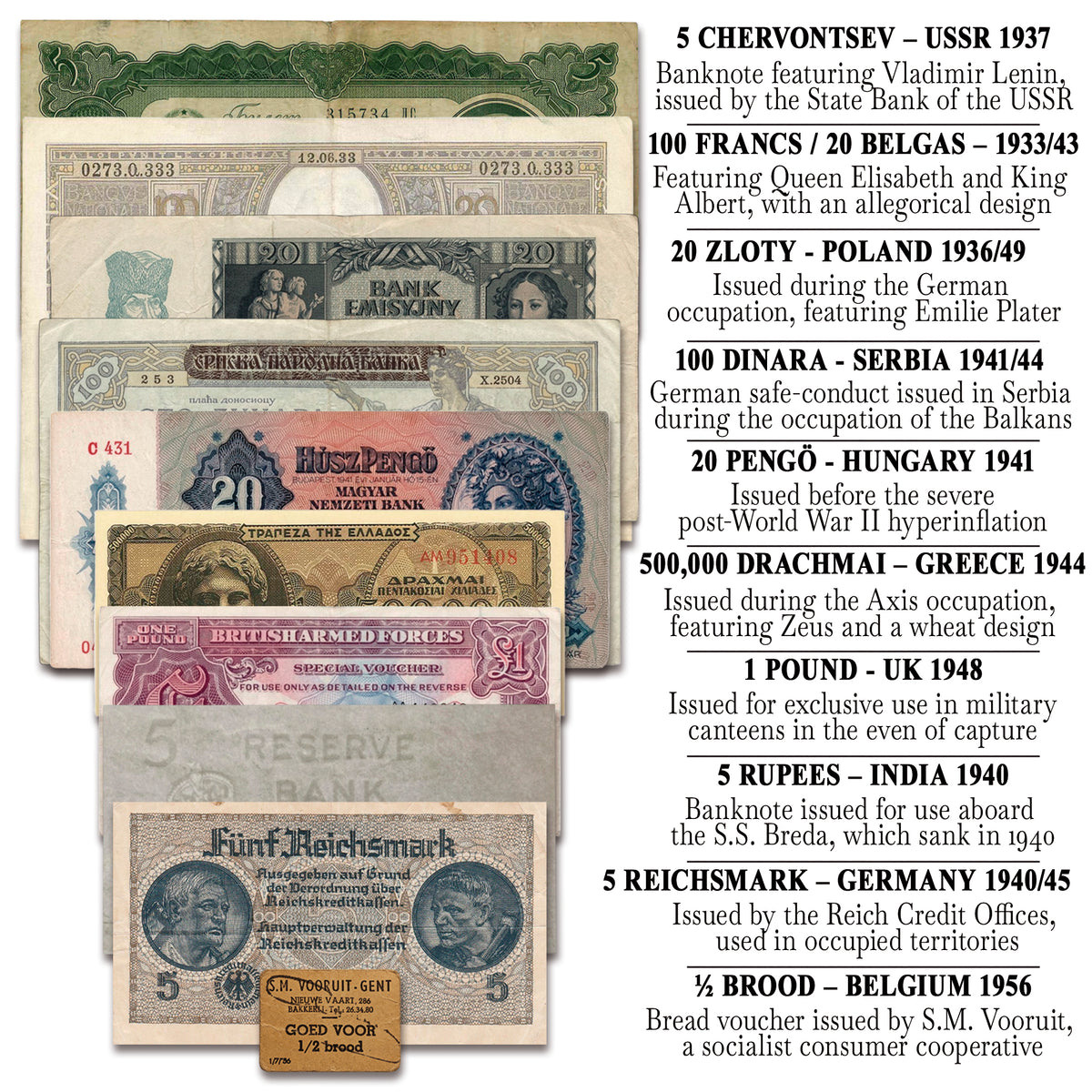 10 authentic World War II banknotes - The War in Europe (1939-1945) | Certificated