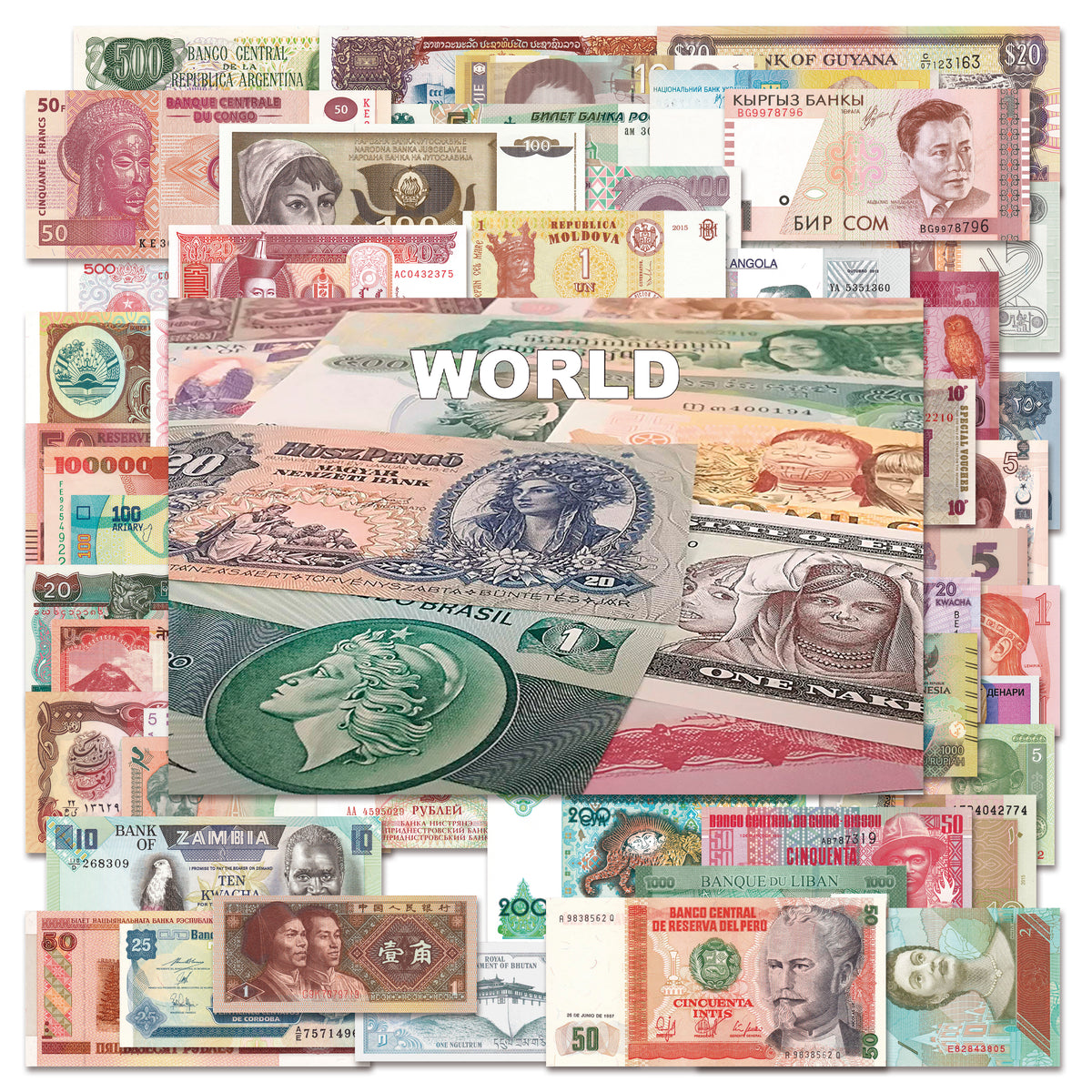 50 billetes auténticos de todo el mundo | Certificados
