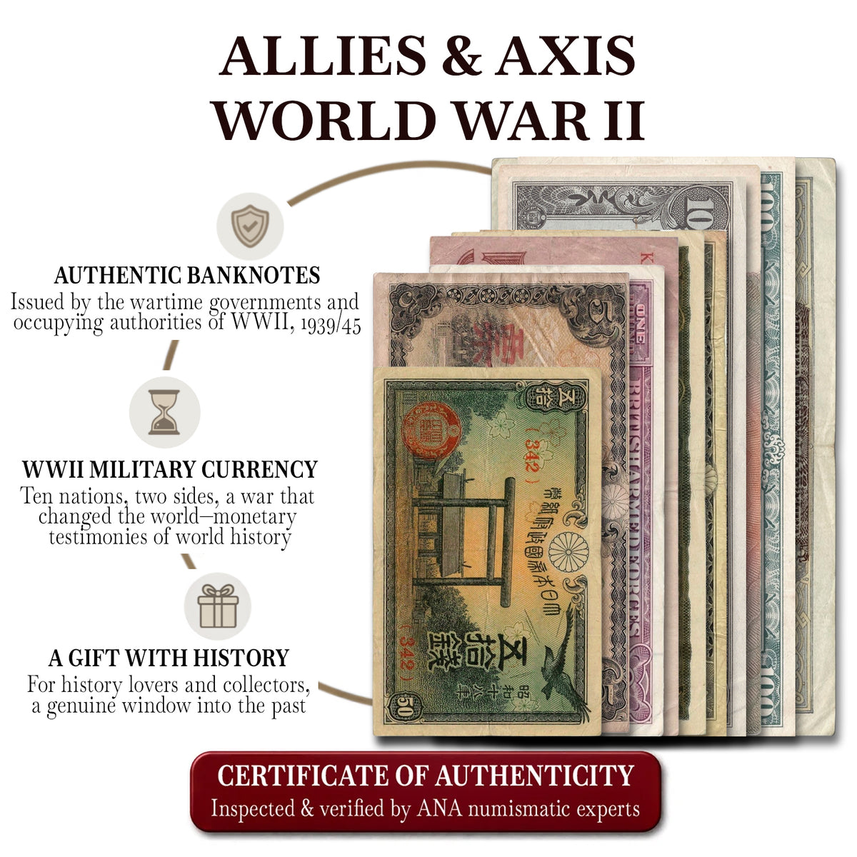 10 billetes auténticos de la Segunda Guerra Mundial - Aliados & Eje (1939-1945) | Certificados