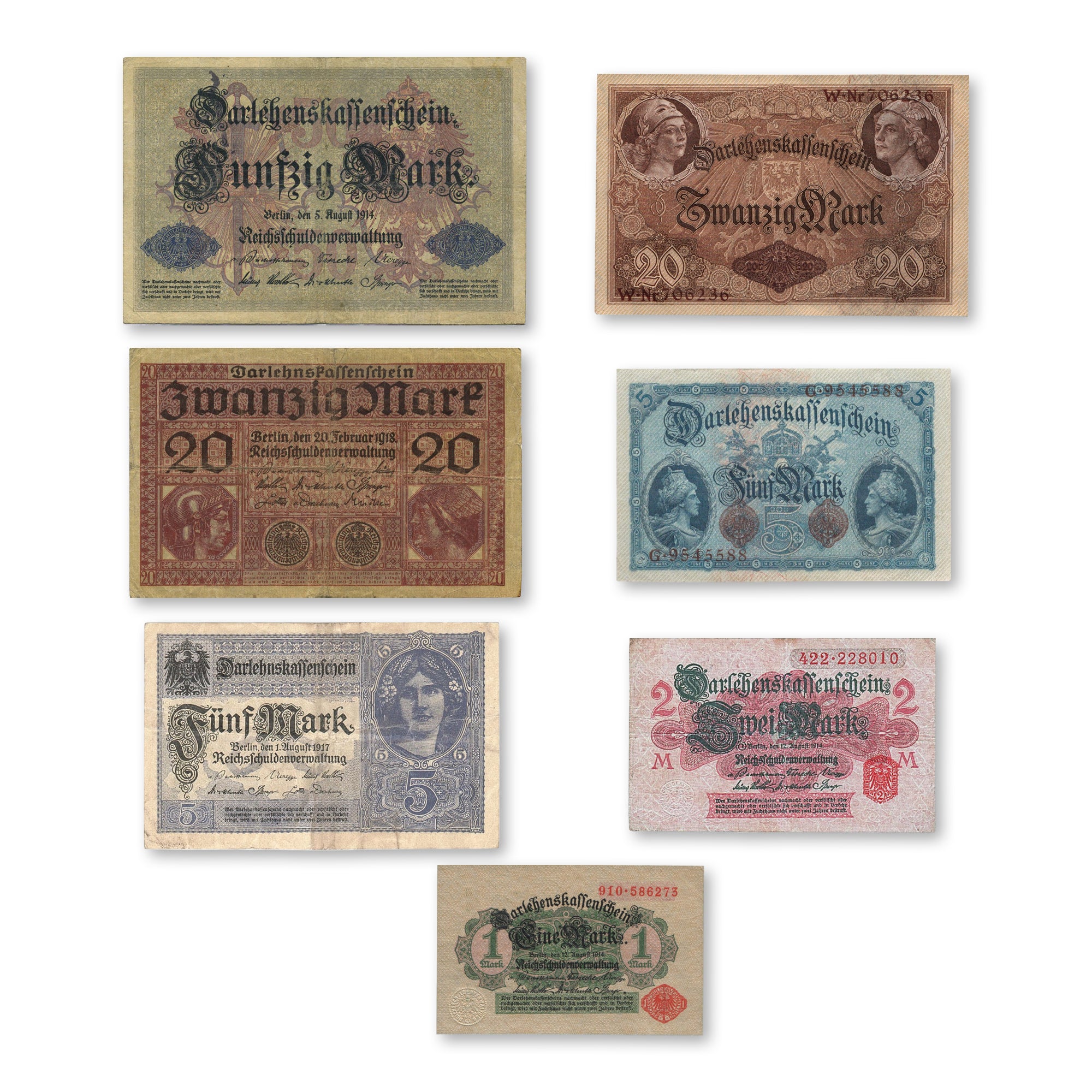 7 billetes auténticos del Imperio Alemán 1014-1018 - Primera Guerra Mundial | Certificados