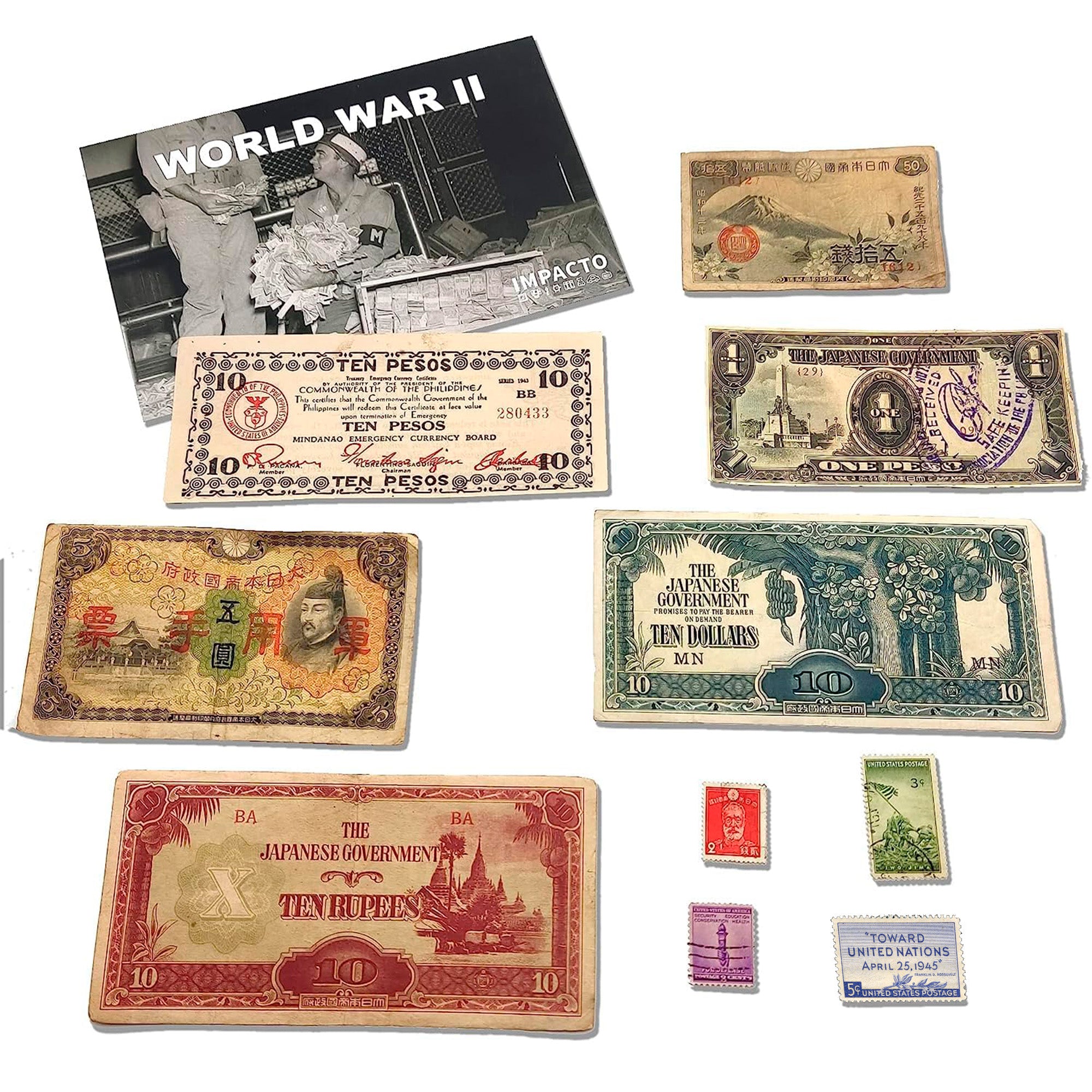 Pacific War Collection - 6 ancient Banknotes + 4 stamps. Certificate of Authenticity included