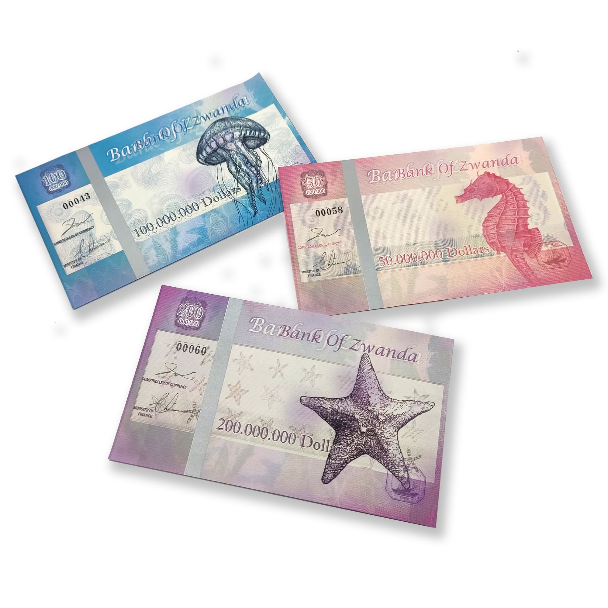 Fantasy banknotes. Three polymer banknotes commemorating marine wildli
