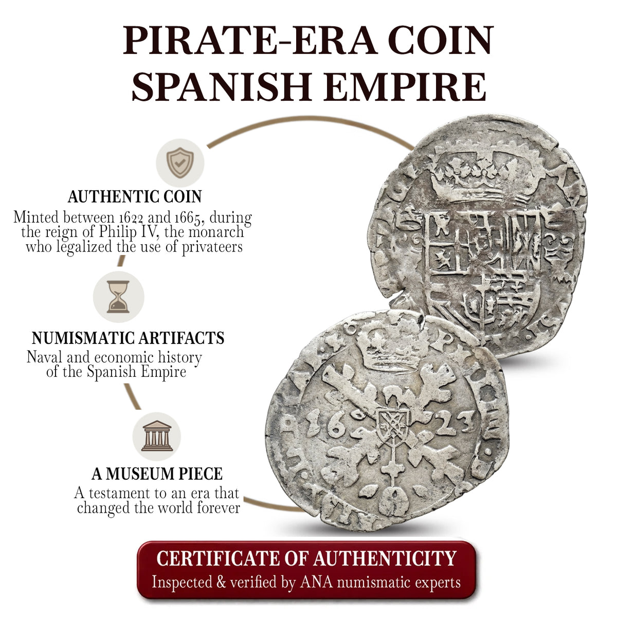Moneta autentica dell'Impero spagnolo - Il denaro dei pirati 1622-1665 | Certificato