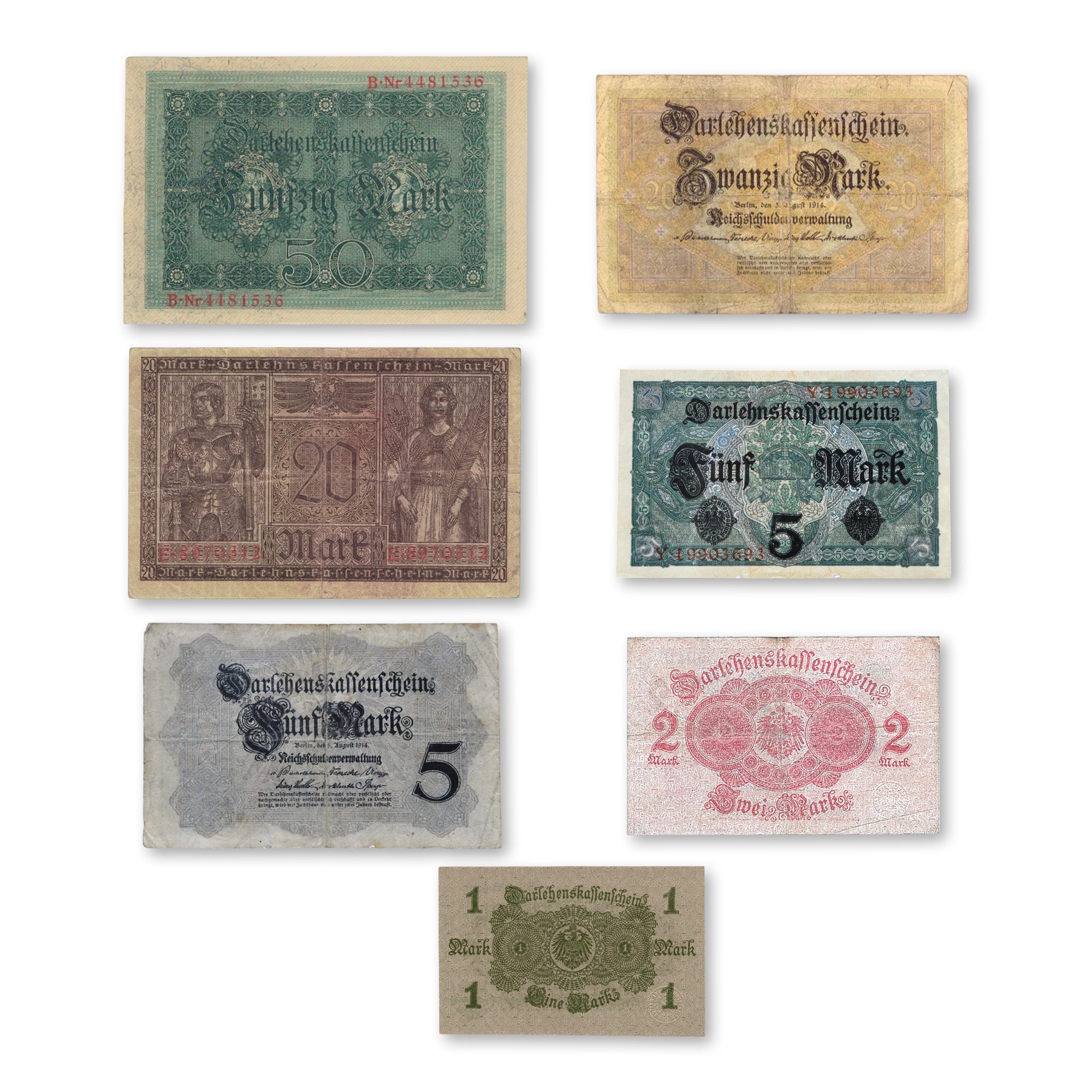 7 banconote autentiche dell'Impero tedesco 1014-1018 - Prima guerra mondiale | Certificati