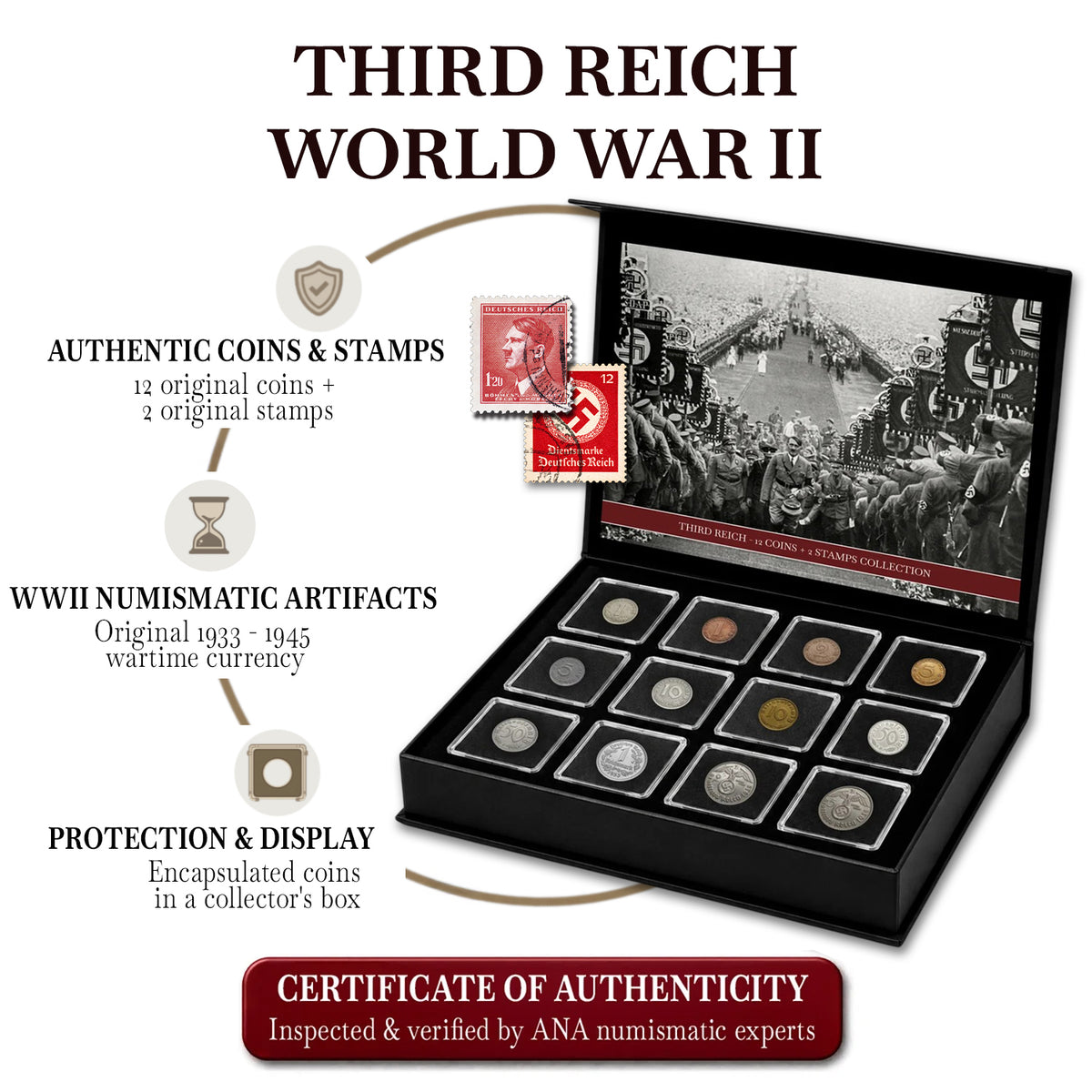 12 monete e 2 francobolli autentici della Seconda Guerra Mondiale - Il Terzo Reich | Certificati