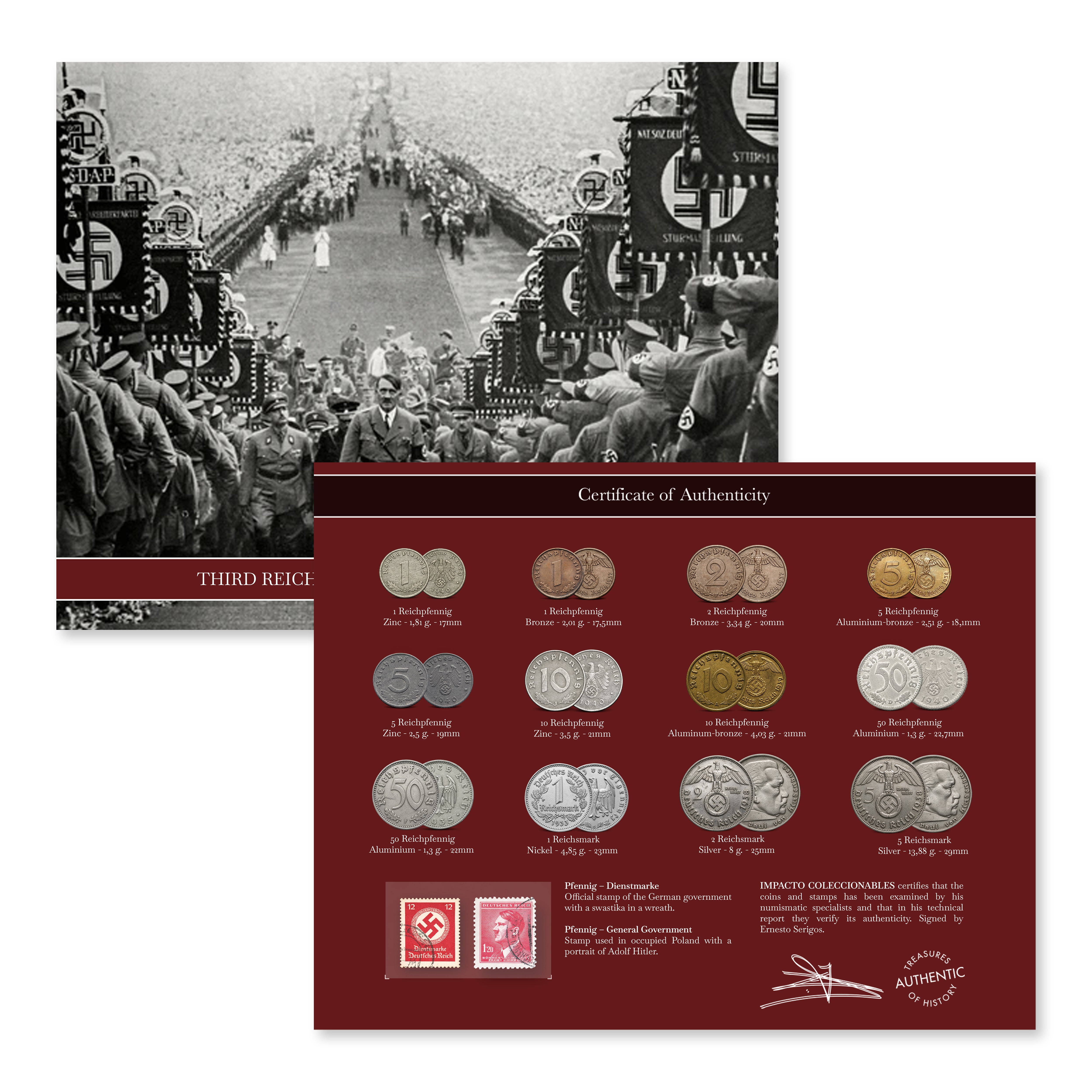 12 monedas y 2 sellos auténticas de la Segunda Guerra Mundial - El Tercer Reich | Certificados