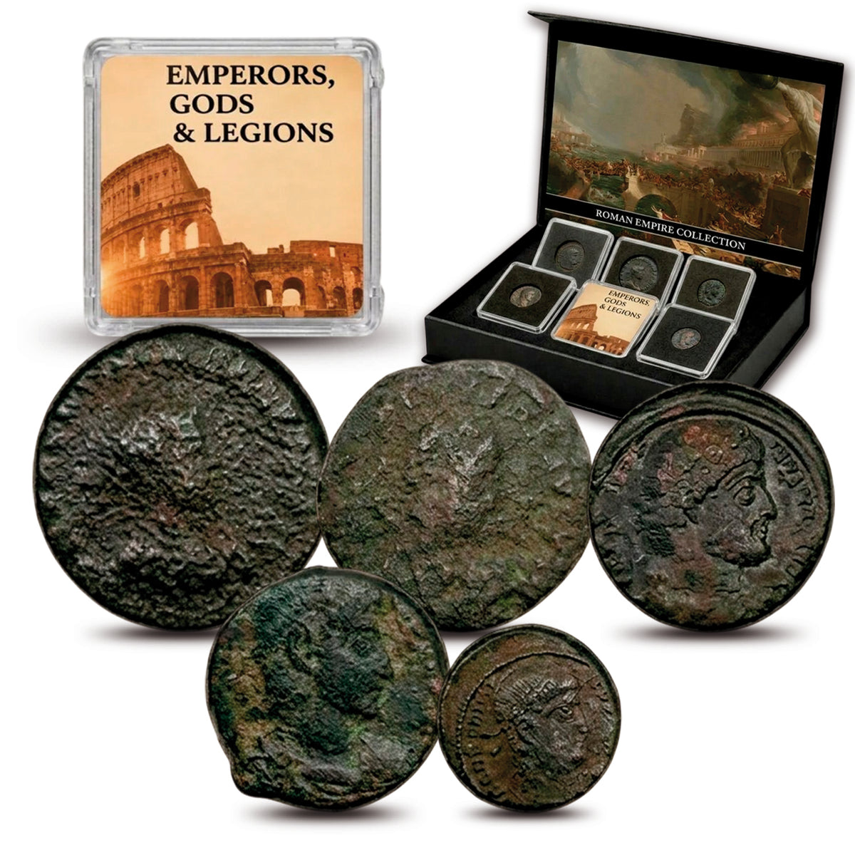 5 Monedas auténticas del Imperio Romano - Emperadores, Dioses y Legiones | Certificadas