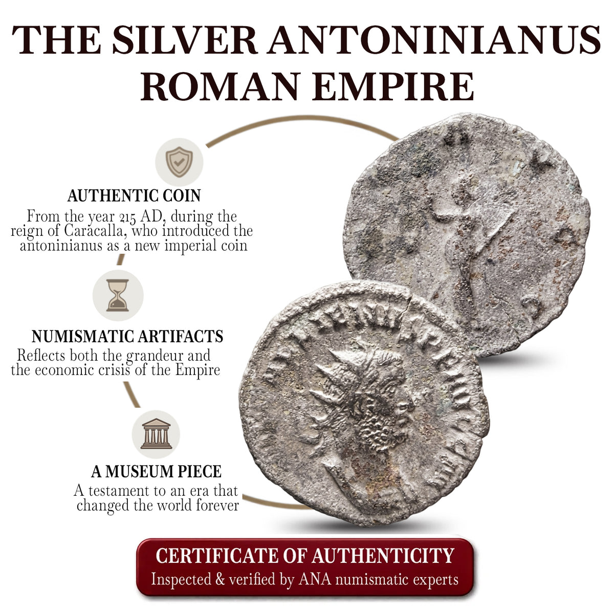 Moneda auténtica del Imperio Romano - El Antoniniano de Plata | Certificada