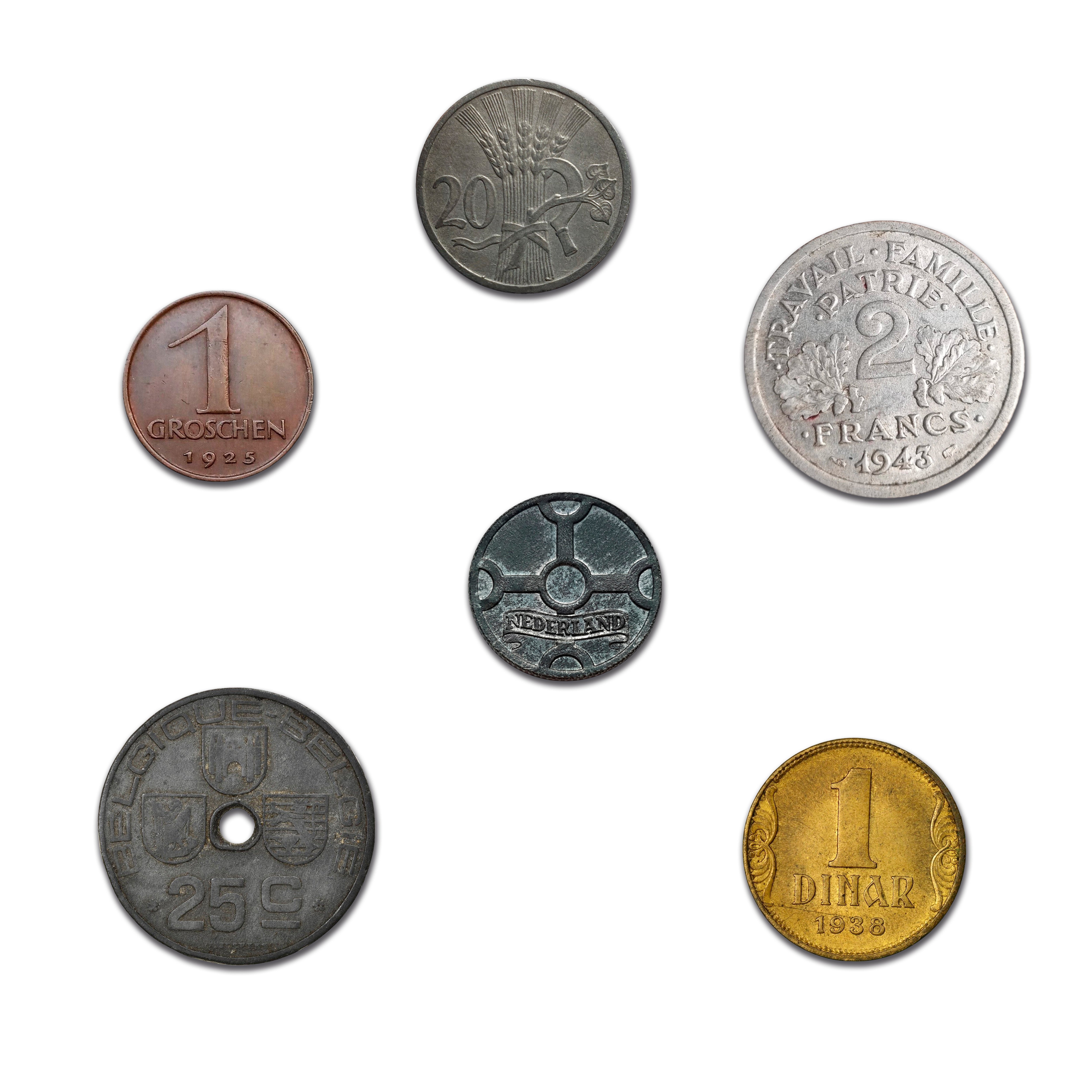 6 authentic World War II coins - Occupied Territories in bag (1925-1945) | Certified