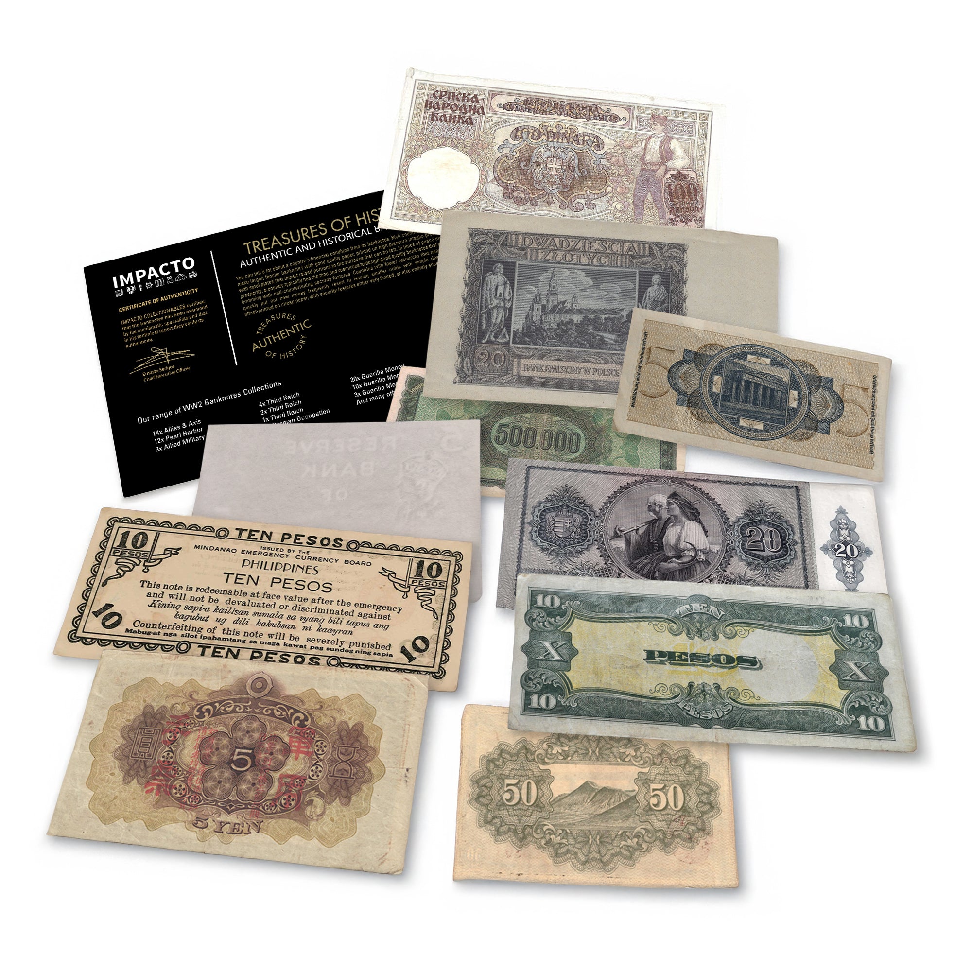 10 billetes auténticos de la Segunda Guerra Mundial - Aliados & Eje (1939-1945) | Certificados