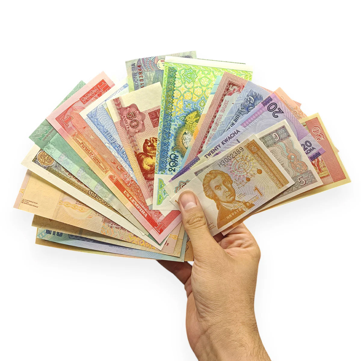 25 billetes auténticos de 25 países | Certificados