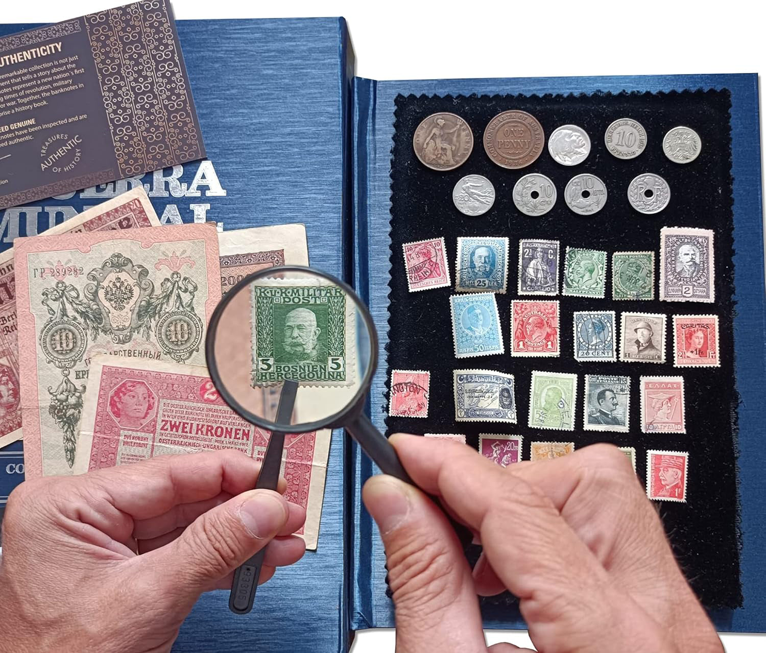 Prima guerra mondiale - Collezione completa di banconote, francobolli e monete originali 1914-1918