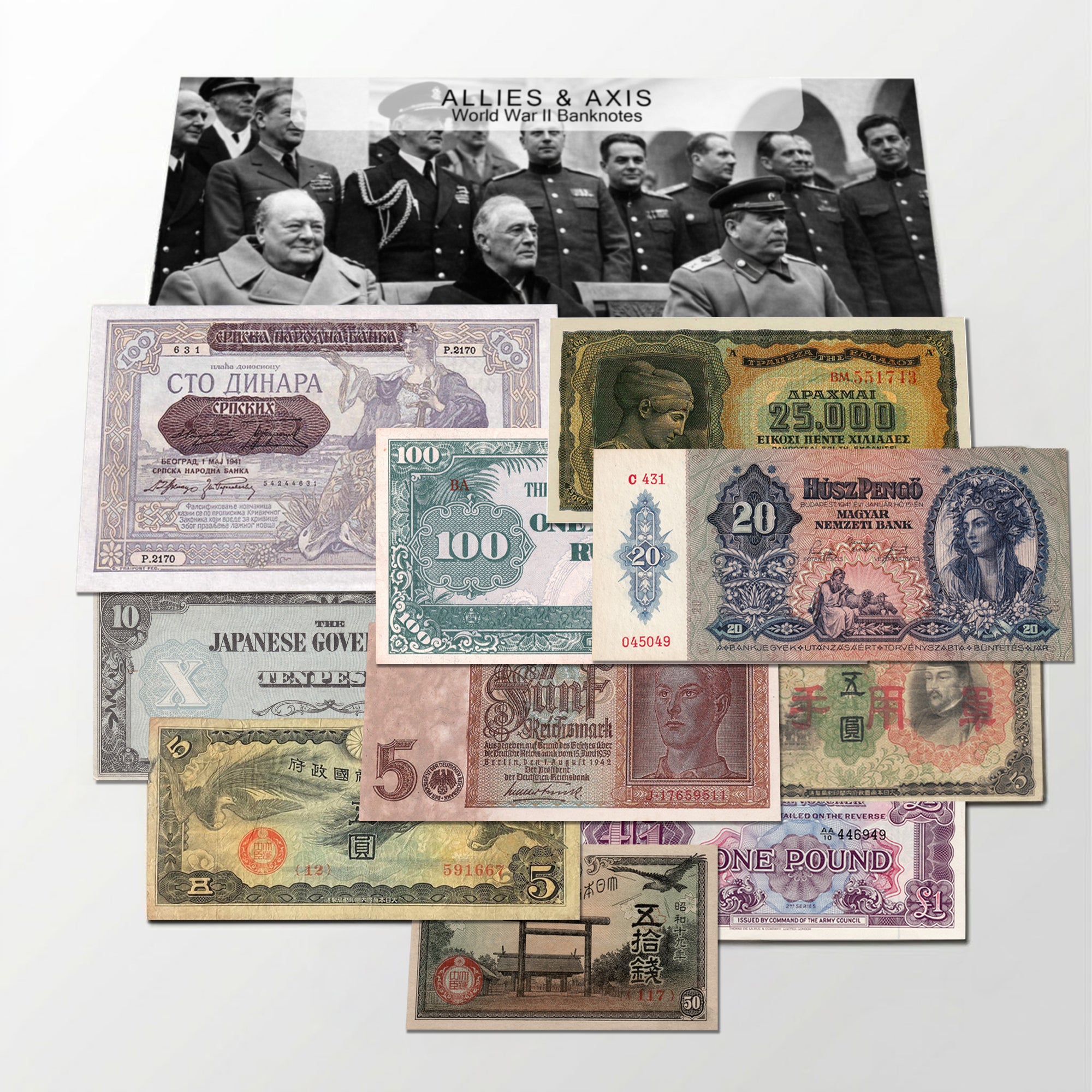 10 billetes auténticos de la Segunda Guerra Mundial - Aliados & Eje (1939-1945) | Certificados