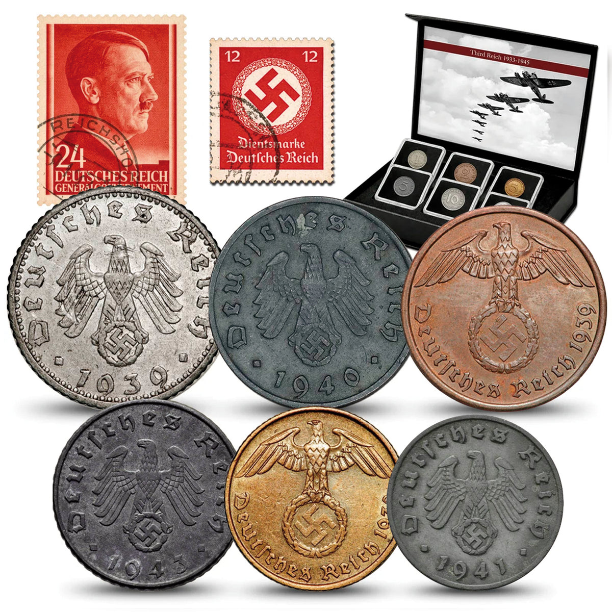 6 monedas auténticas de la Segunda Guerra Mundial - El Tercer Reich (1933-1945) | Certificadas