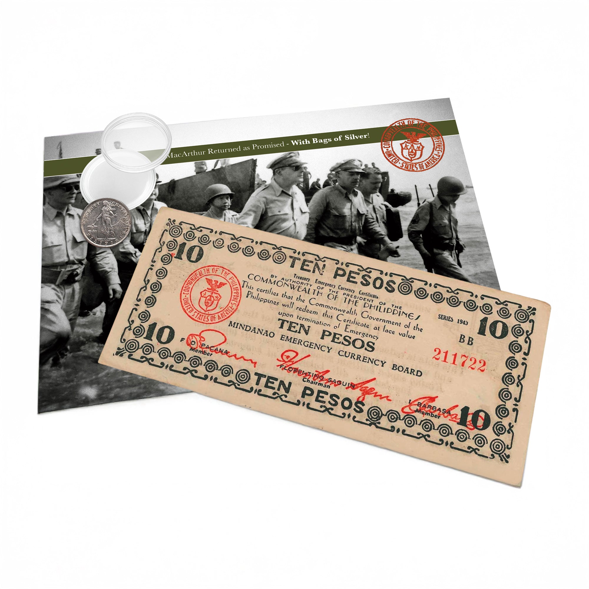 Billete y moneda auténtica de Plata de la Segunda Guerra Mundial - Colección MacArthur (1943-1944) | Certificados