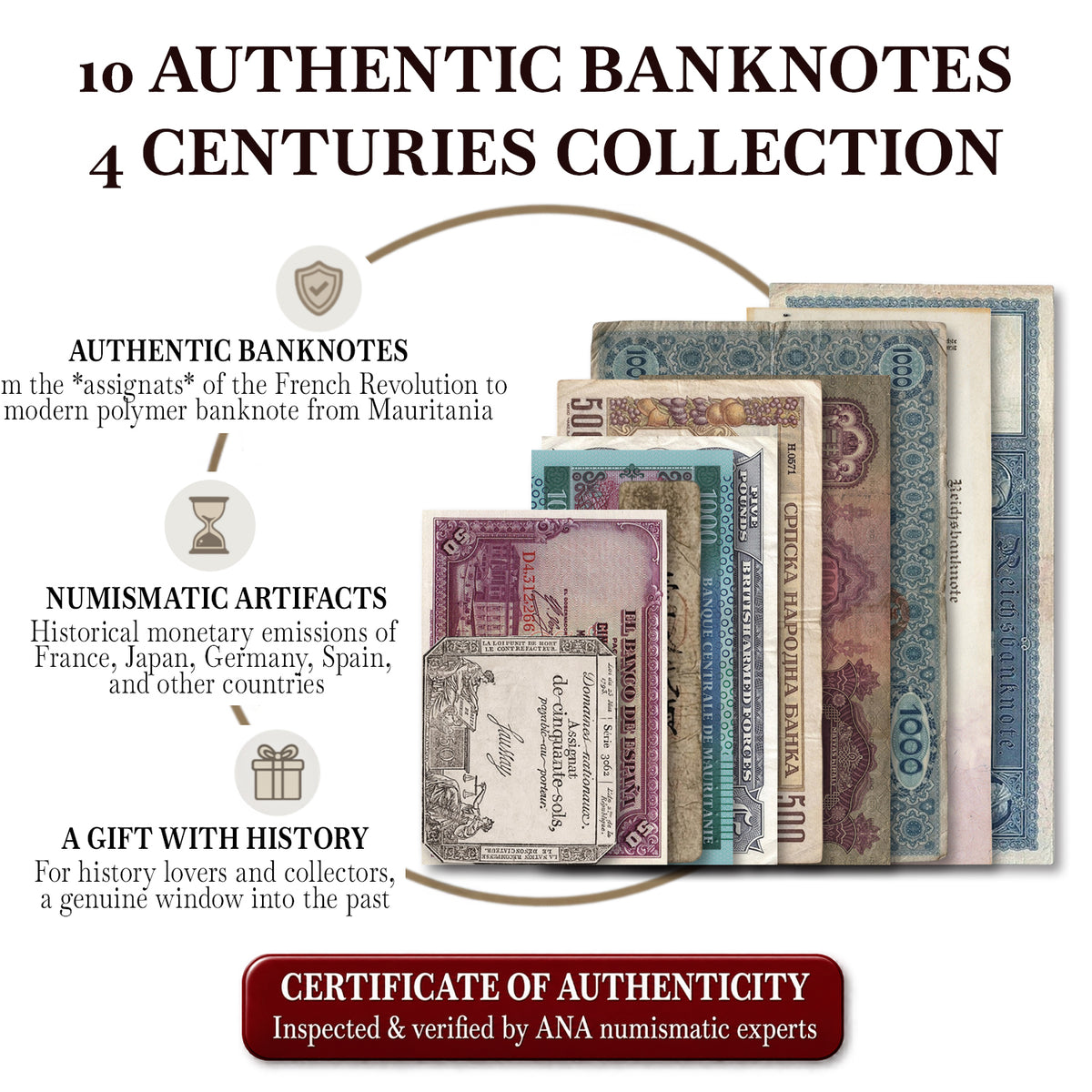 10 billetes auténticos - Colección de 4 Siglos 1792-2014 | Certificados