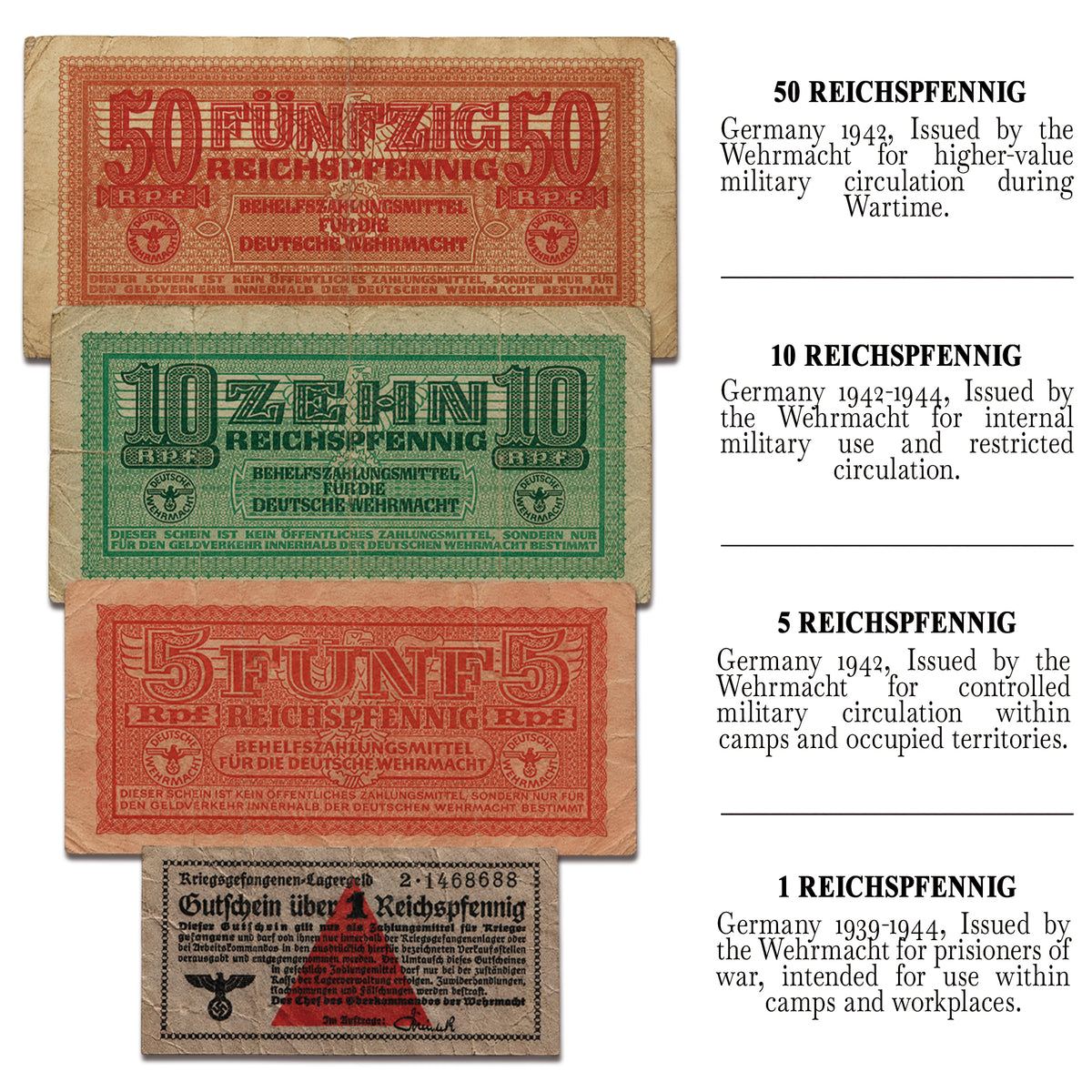 4 Billetes militares auténticos de la Wehrmacht (1939-1944) - Tercer Reich Segunda Guerra Mundial | Certificados