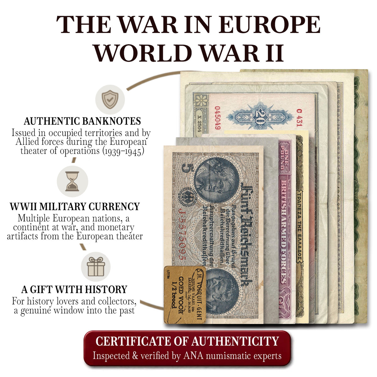10 billetes auténticos de la Segunda Guerra Mundial - La Guerra en Europa (1939-1945) | Certificados