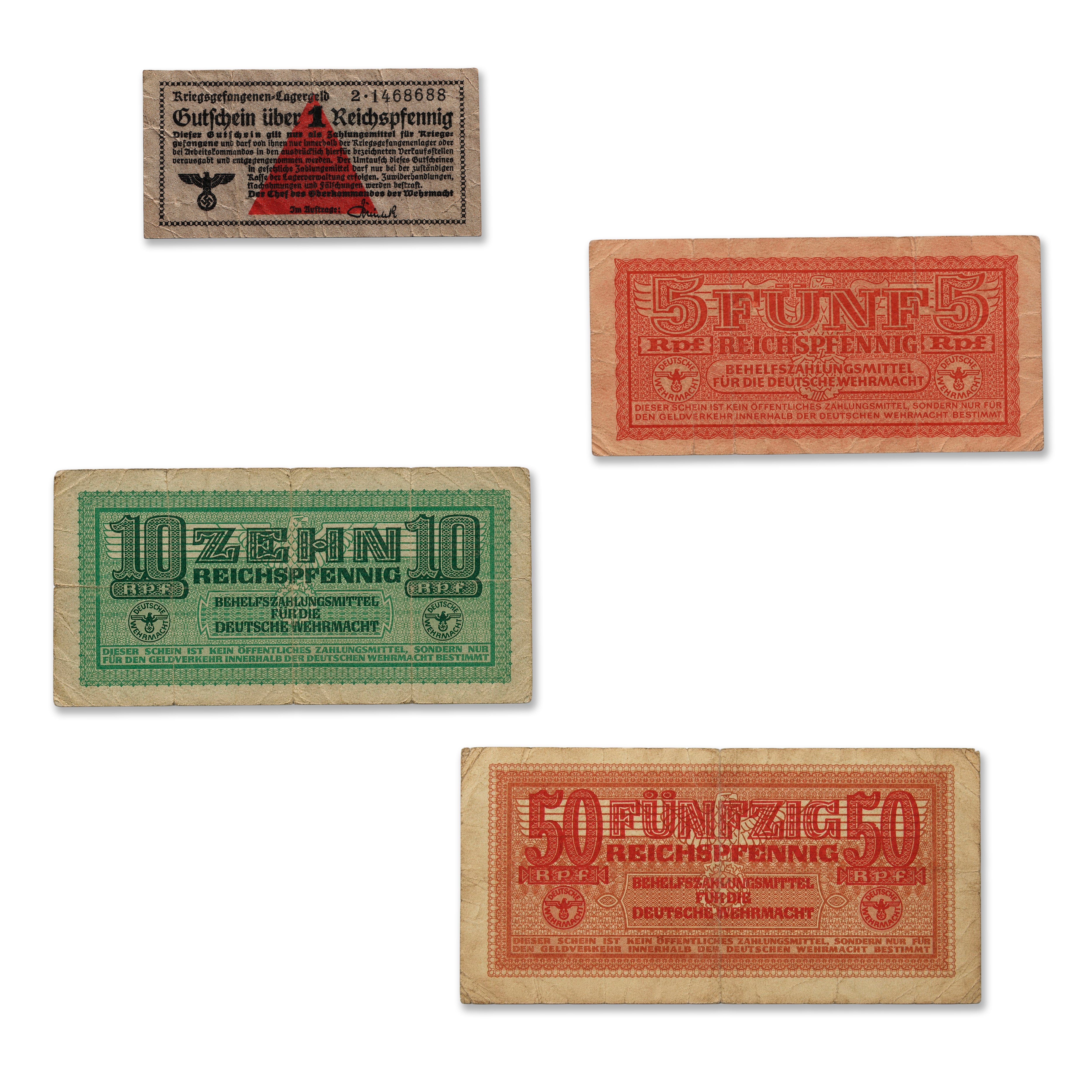 4 Billetes militares auténticos de la Wehrmacht (1939-1944) - Tercer Reich Segunda Guerra Mundial | Certificados