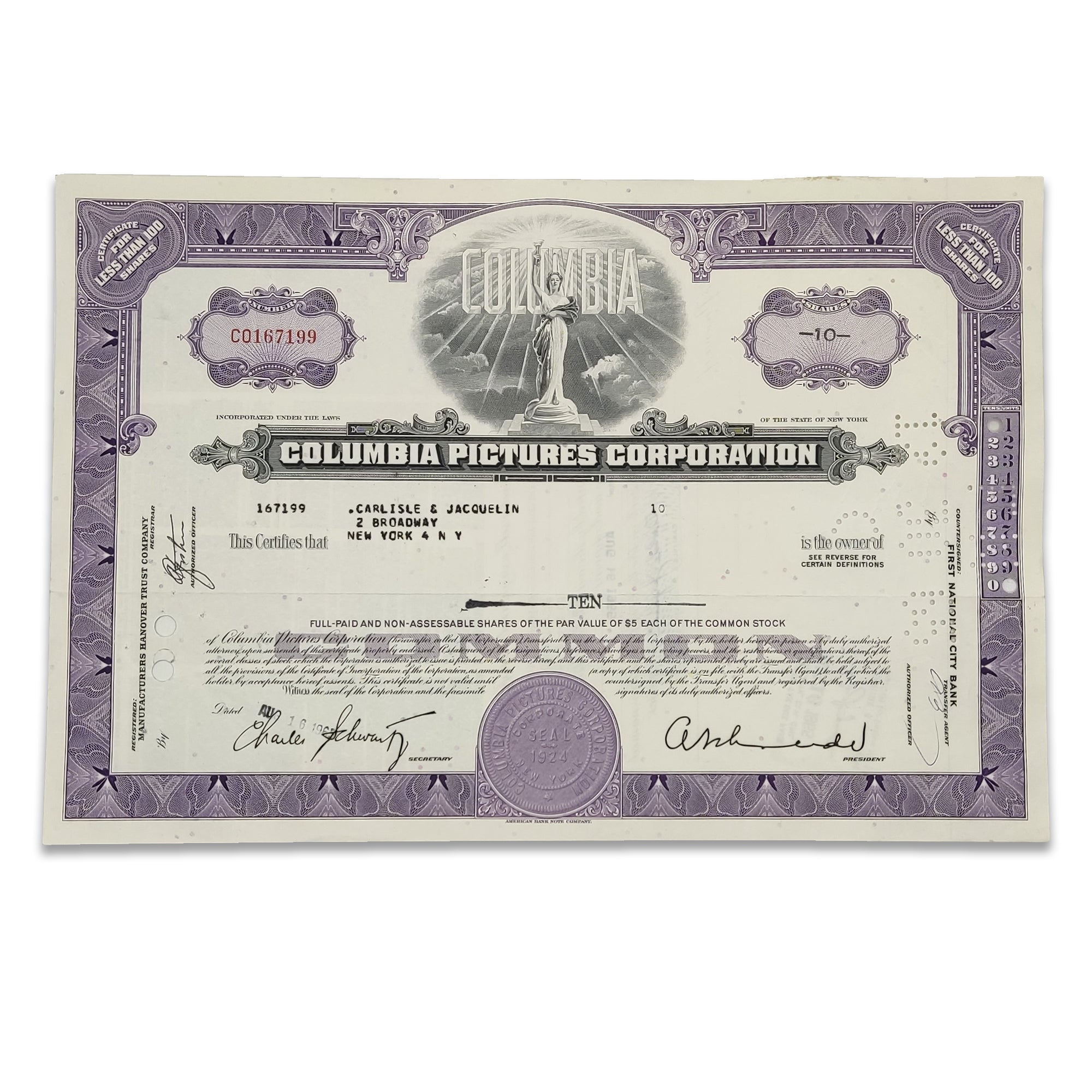 Collectible Stocks Certificate - COLUMBIA Pictures Corporation